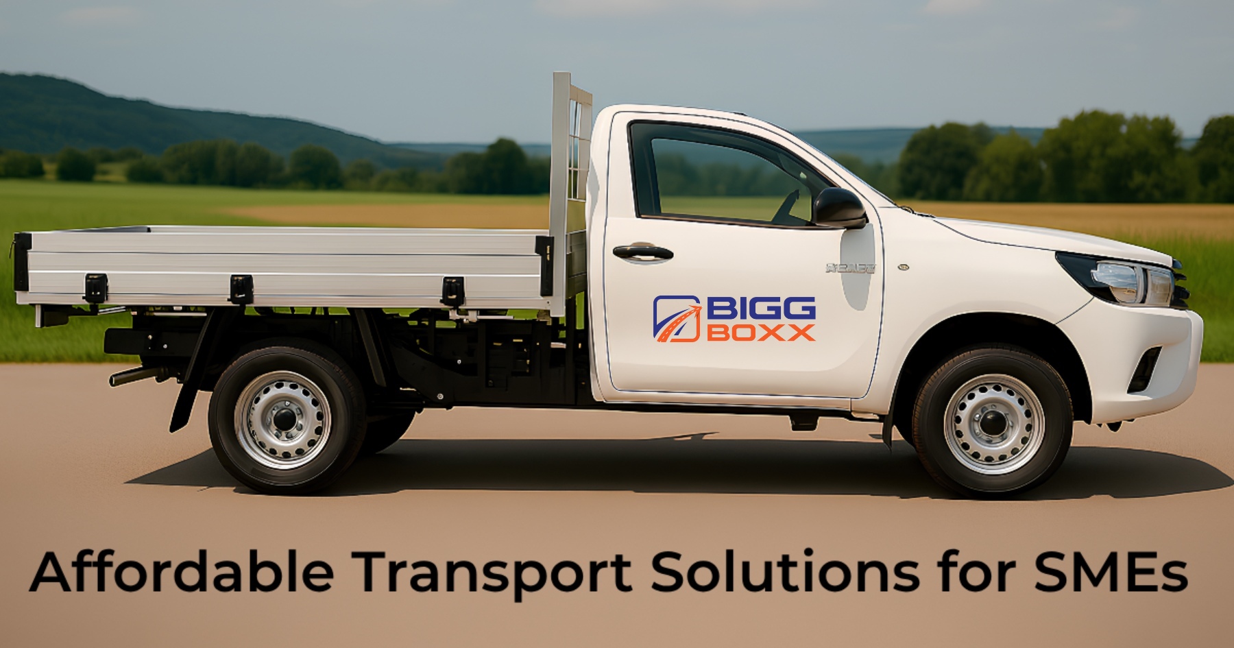 Side view of a white commercial flatbed pickup truck with Bigg Boxx branding on the door | Affordable Transport Solutions for SMEs | Bigg Boxx Rentals