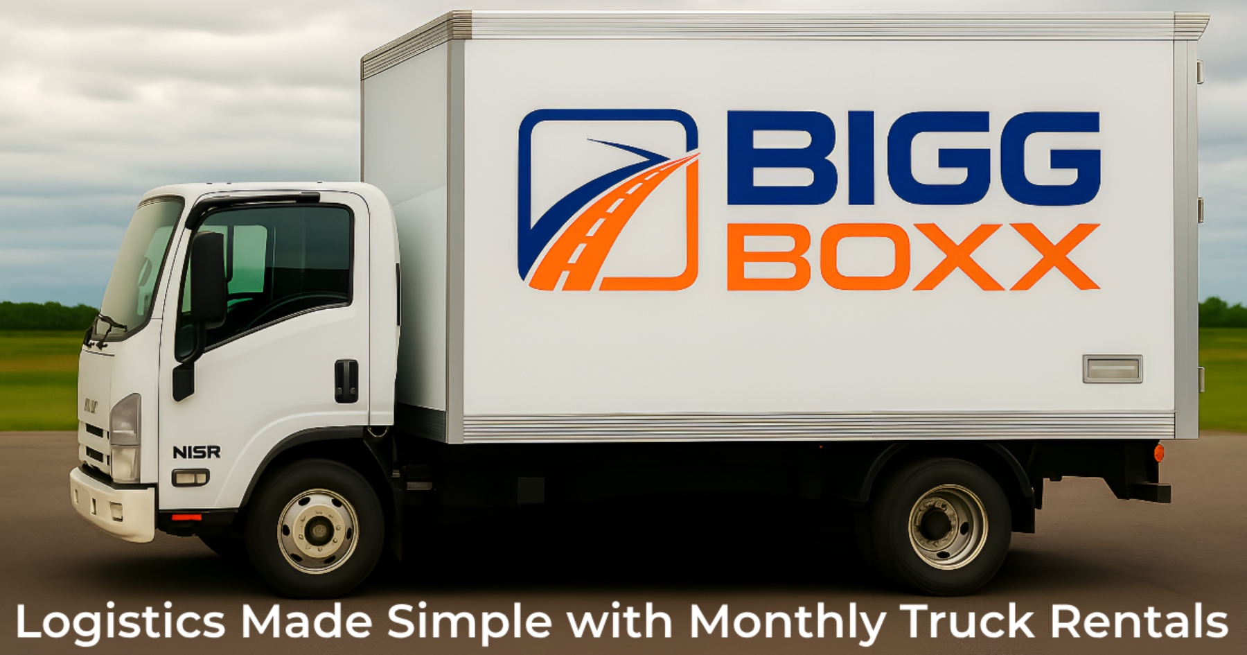Side view of a white BIGG BOXX rental truck with the text "Logistics Made Simple with Monthly Truck Rentals." | Logistics Made Simple with Monthly Truck Rentals | Bigg Boxx Rentals