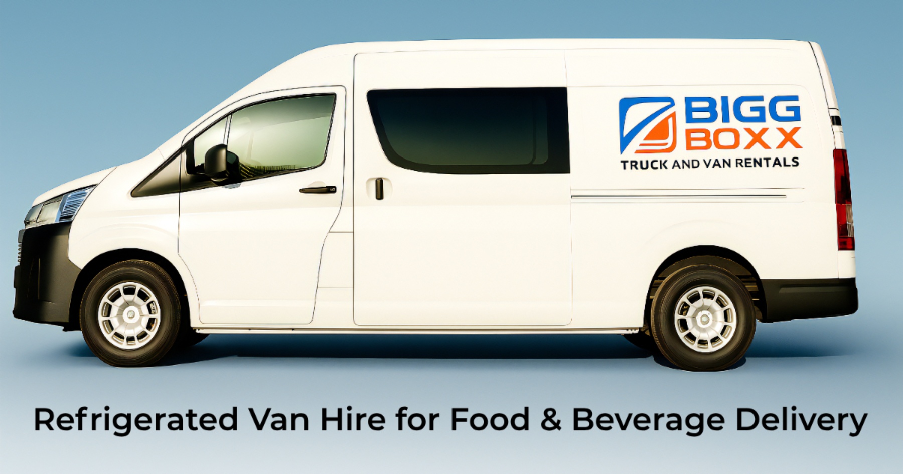 Side view of a white refrigerated delivery van with the "BIGG BOXX Truck and Van Rentals" logo, designed for food and beverage transport | Refrigerated Van Hire for Food & Beverage Delivery | Bigg Boxx Rentals