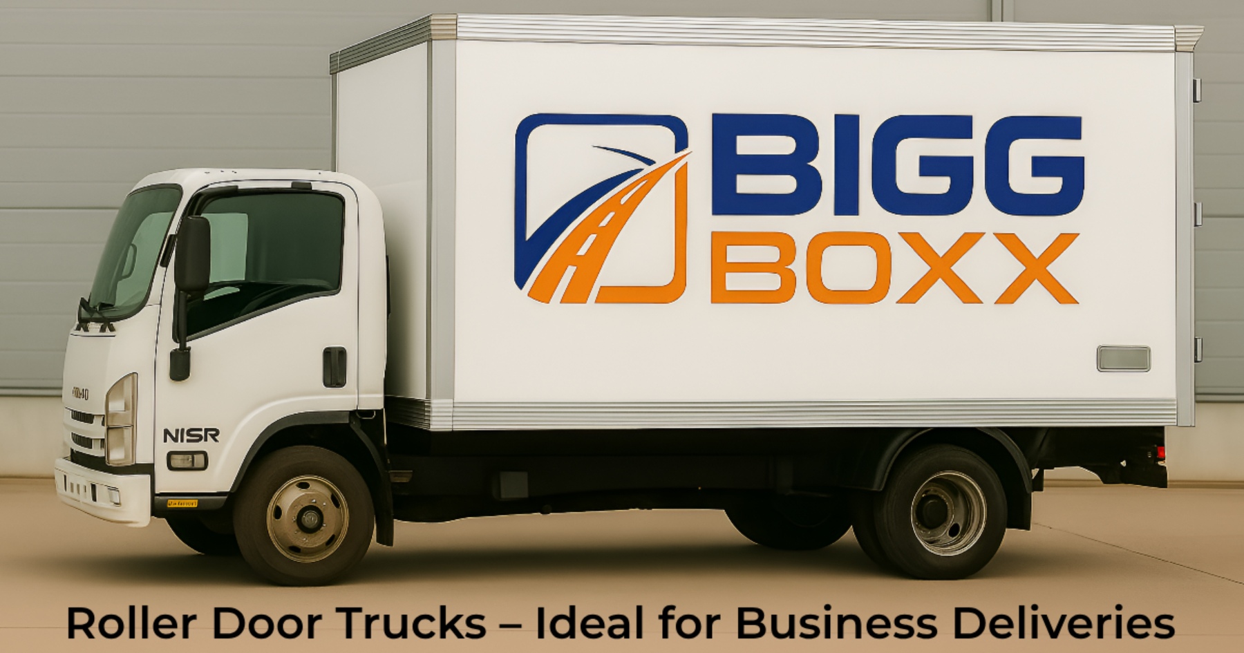 Side view of a white Bigg Boxx roller door box truck designed for business deliveries, parked in front of a neutral warehouse wall | Roller Door Trucks – Ideal for Business Deliveries | Bigg Boxx Rentals