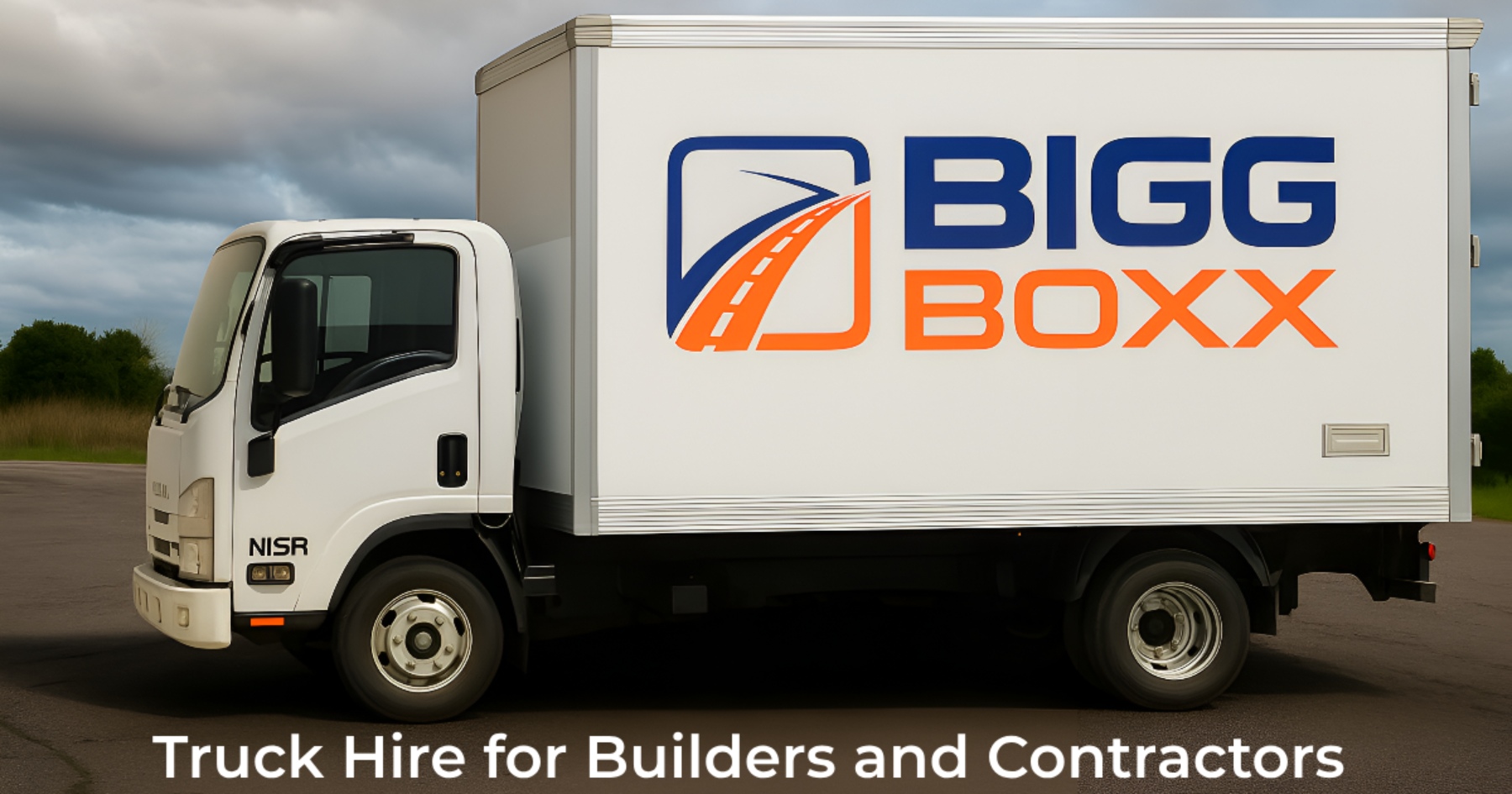 Side view of a white BIGG BOXX rental box truck parked outdoors under a cloudy sky | Truck Hire for Builders and Contractors | Bigg Boxx Rentals