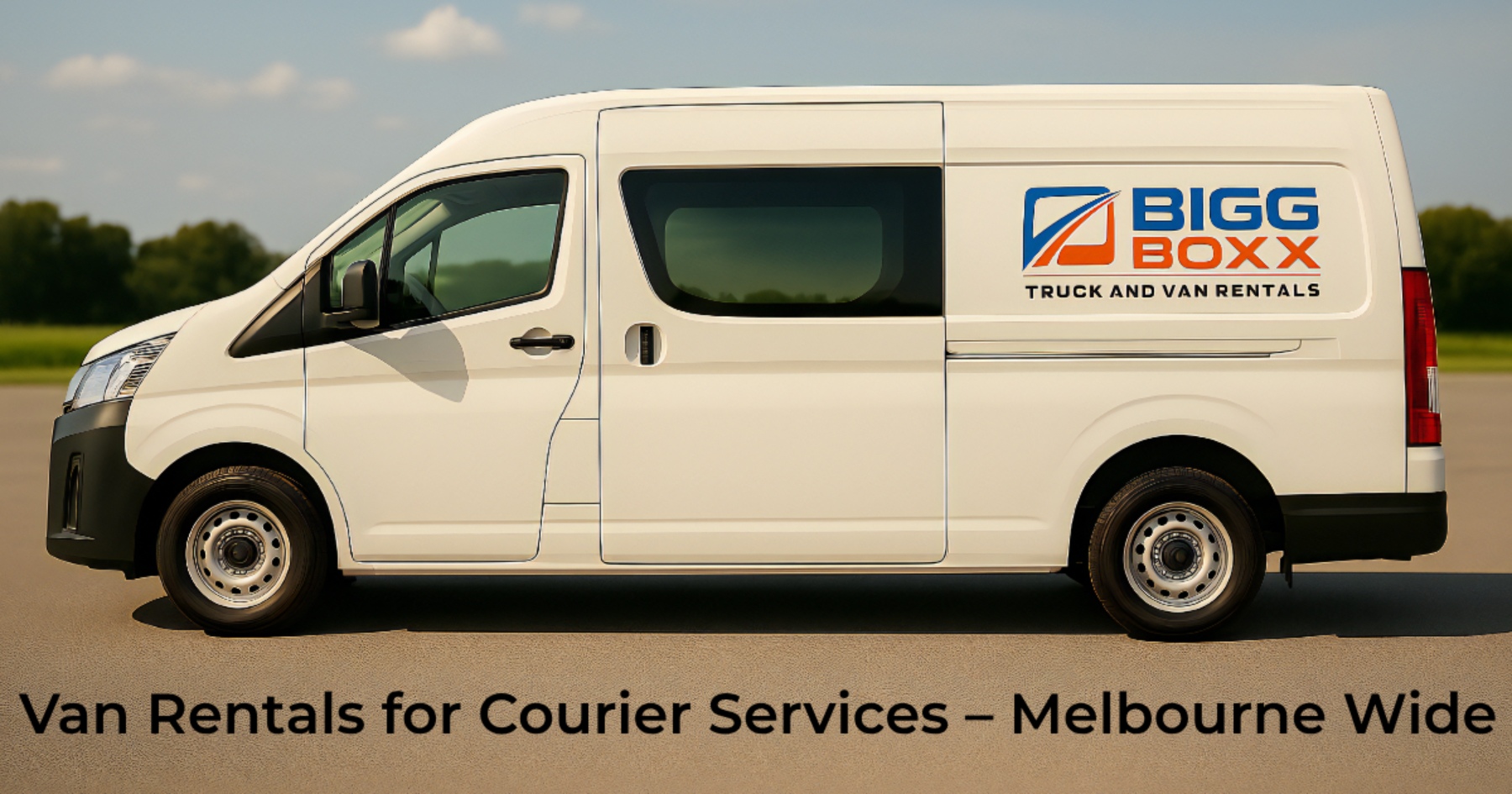 Side view of a white Bigg Boxx delivery van parked on a paved surface with a grassy background | Van Rentals for Courier Services – Melbourne Wide | Bigg Boxx Rentals