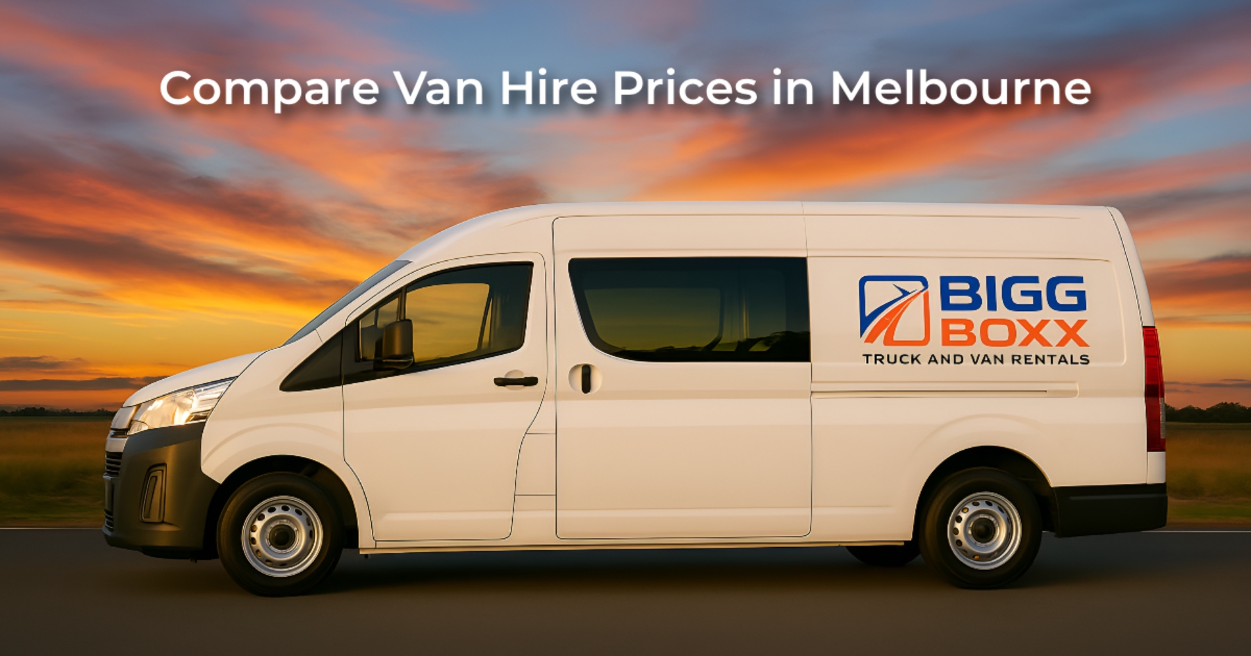 Side view of a white Bigg Boxx Toyota HiAce rental van parked on a roadside during a colorful sunset | Compare Van Hire Prices in Melbourne | Bigg Boxx Rentals