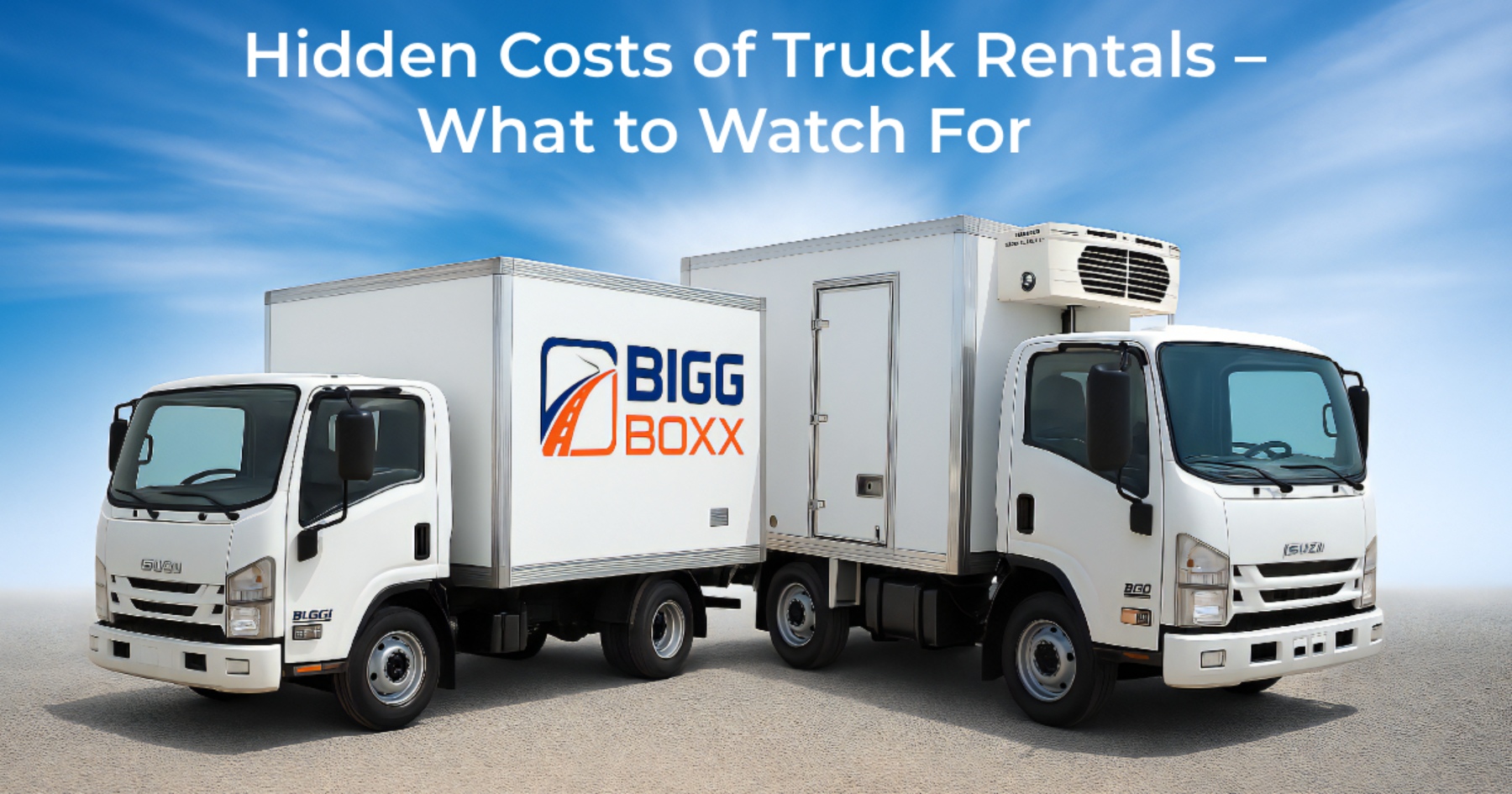 Two white Bigg Boxx rental trucks, including a standard box truck and a refrigerated truck, parked side-by-side against a bright blue sky background | Hidden Costs of Truck Rentals – What to Watch For | Bigg Boxx Rentals