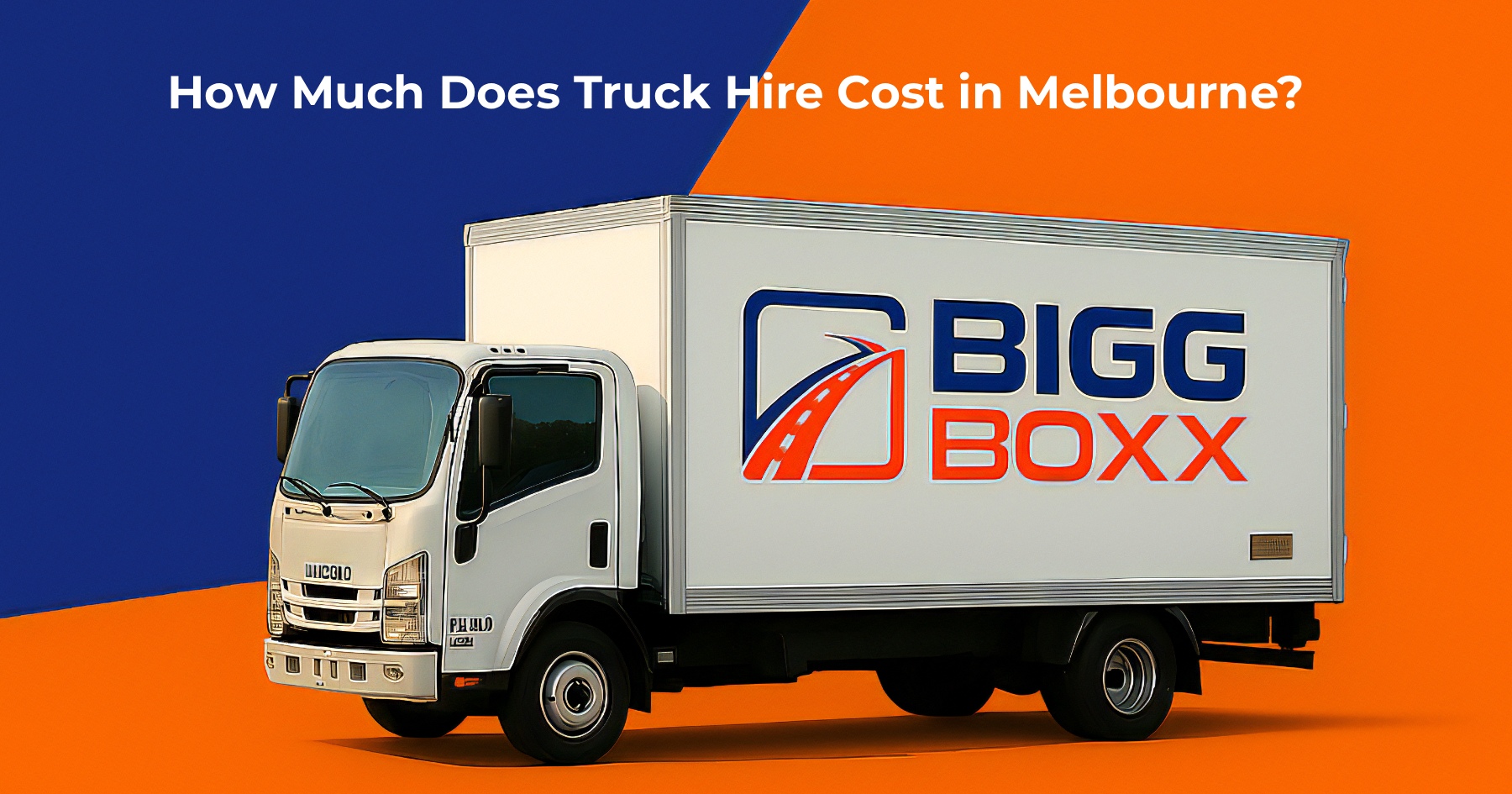 Side view of a white Bigg Boxx rental box truck positioned against a vibrant blue and orange split-diagonal background | How Much Does Truck Hire Cost in Melbourne? | Bigg Boxx Rentals