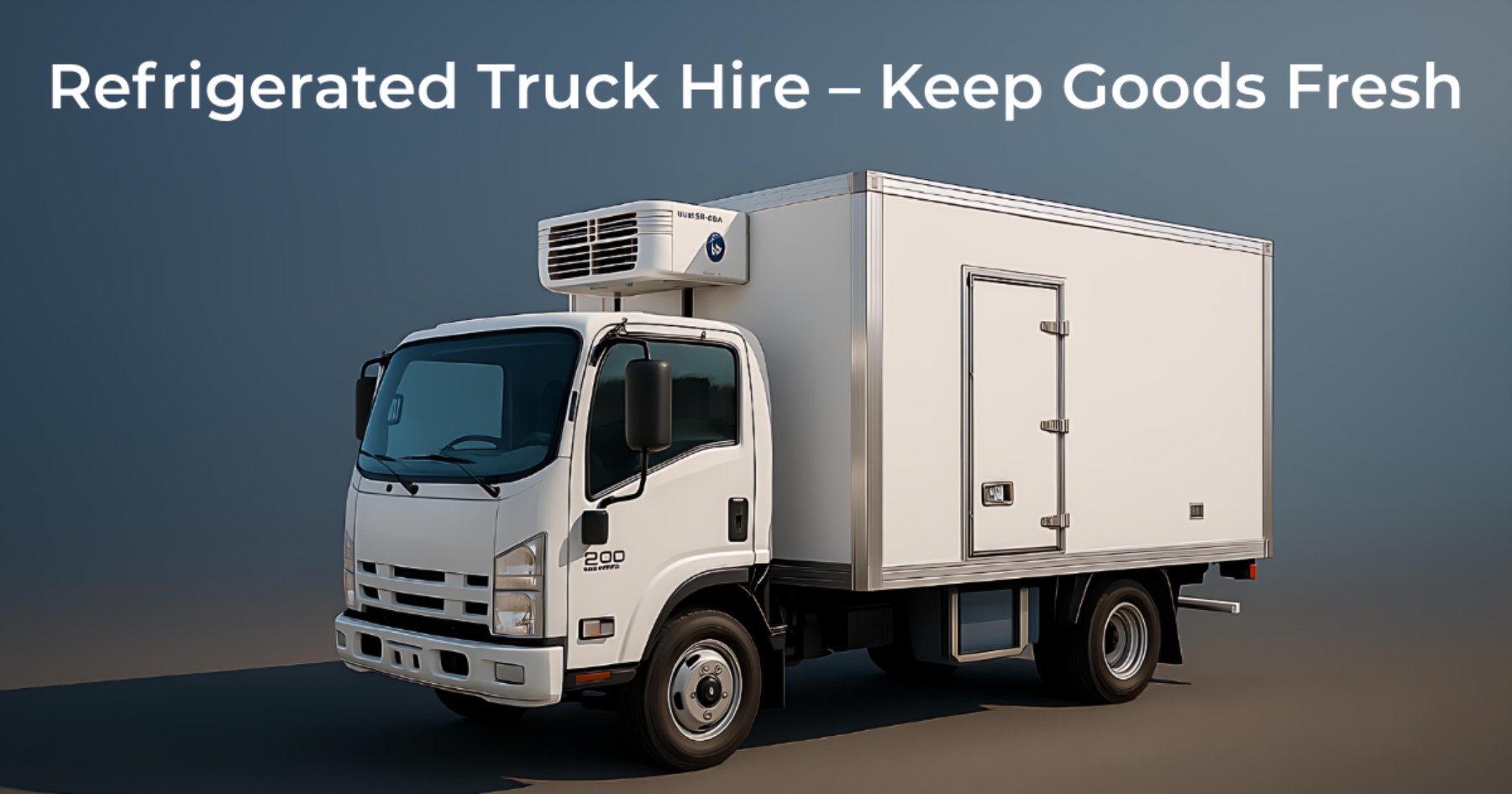Side view of a white refrigerated box truck with a cooling unit and side-access door for temperature-controlled transport | Refrigerated Truck Hire – Keep Goods Fresh | Bigg Boxx Rentals