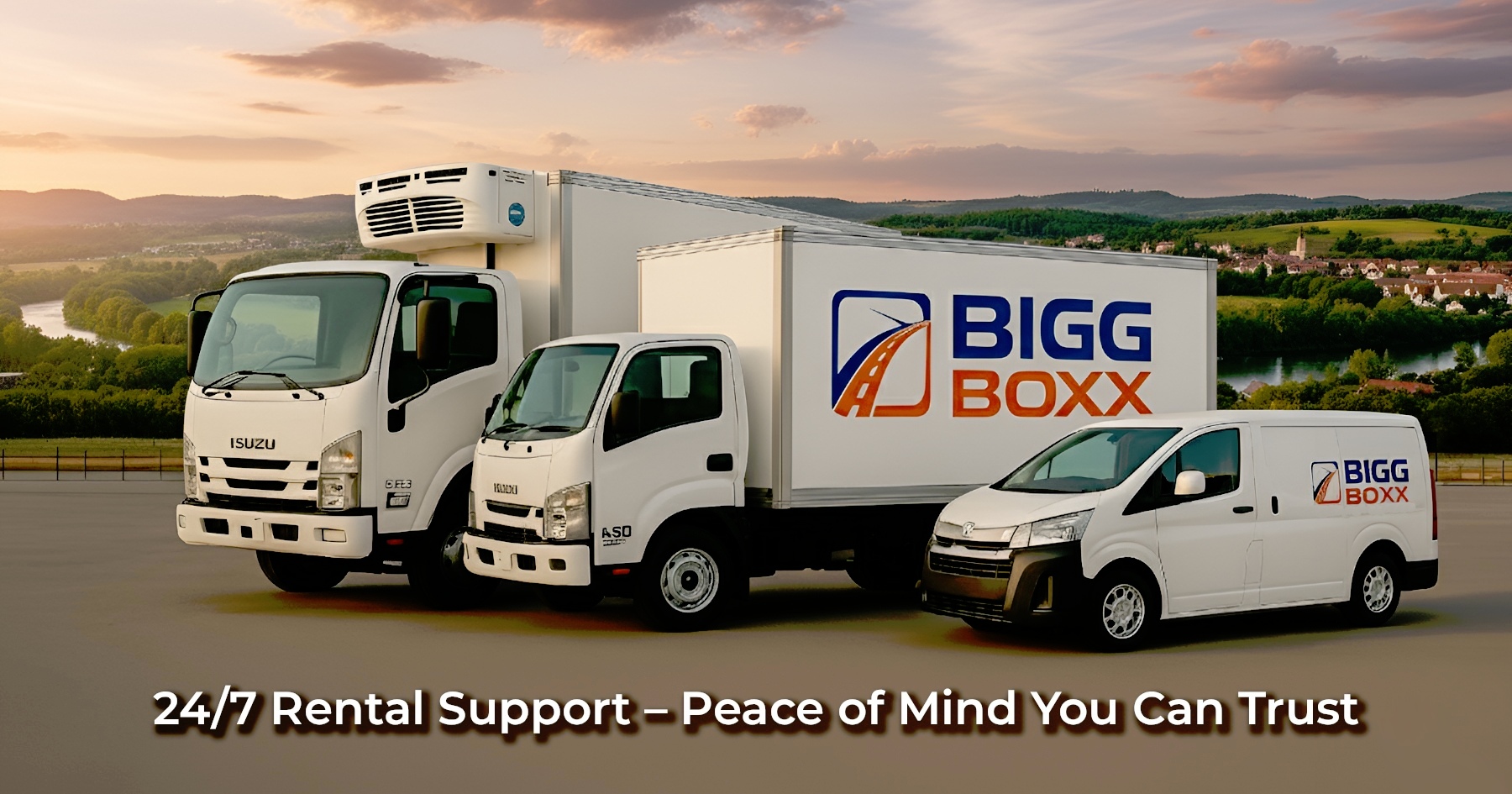 Three white Bigg Boxx rental vehicles—a refrigerated truck, a box truck, and a van—parked in an open lot overlooking a river valley and rolling hills at sunset | 24/7 Rental Support – Peace of Mind You Can Trust | Bigg Boxx Rentals