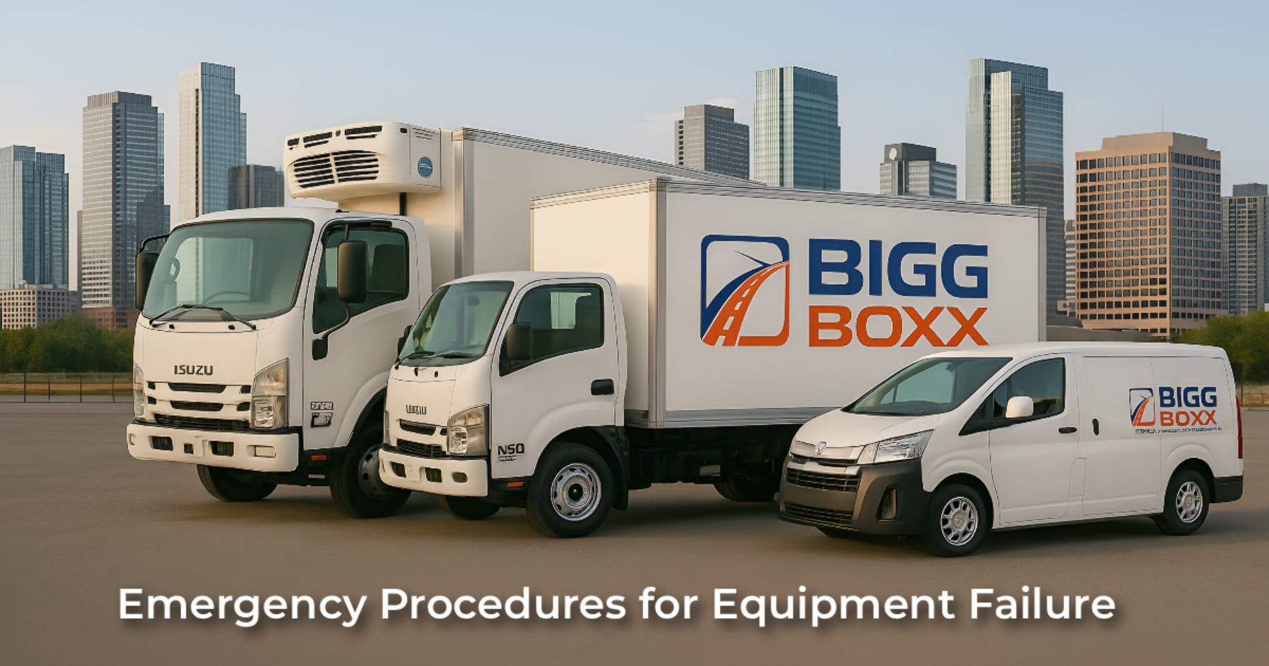 Three white Bigg Boxx rental vehicles—a refrigerated truck, a box truck, and a van—parked together in front of a city skyline at dusk | Emergency Procedures for Equipment Failure | Bigg Boxx Rentals