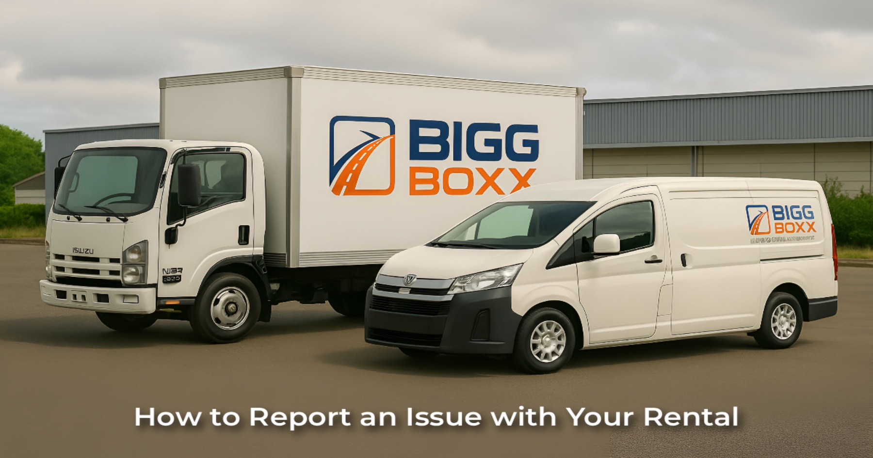 Side-by-side view of a white Bigg Boxx rental box truck and a white rental van parked in an open lot in front of a grey warehouse building | How to Report an Issue with Your Rental | Bigg Boxx Rentals