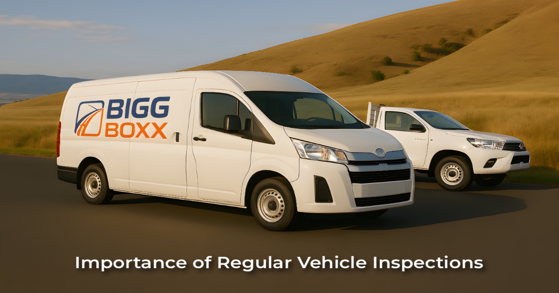 A white Bigg Boxx rental van and a white flatbed ute parked on a road with golden, sunlit hills in the background | Importance of Regular Vehicle Inspections | Bigg Boxx Rentals