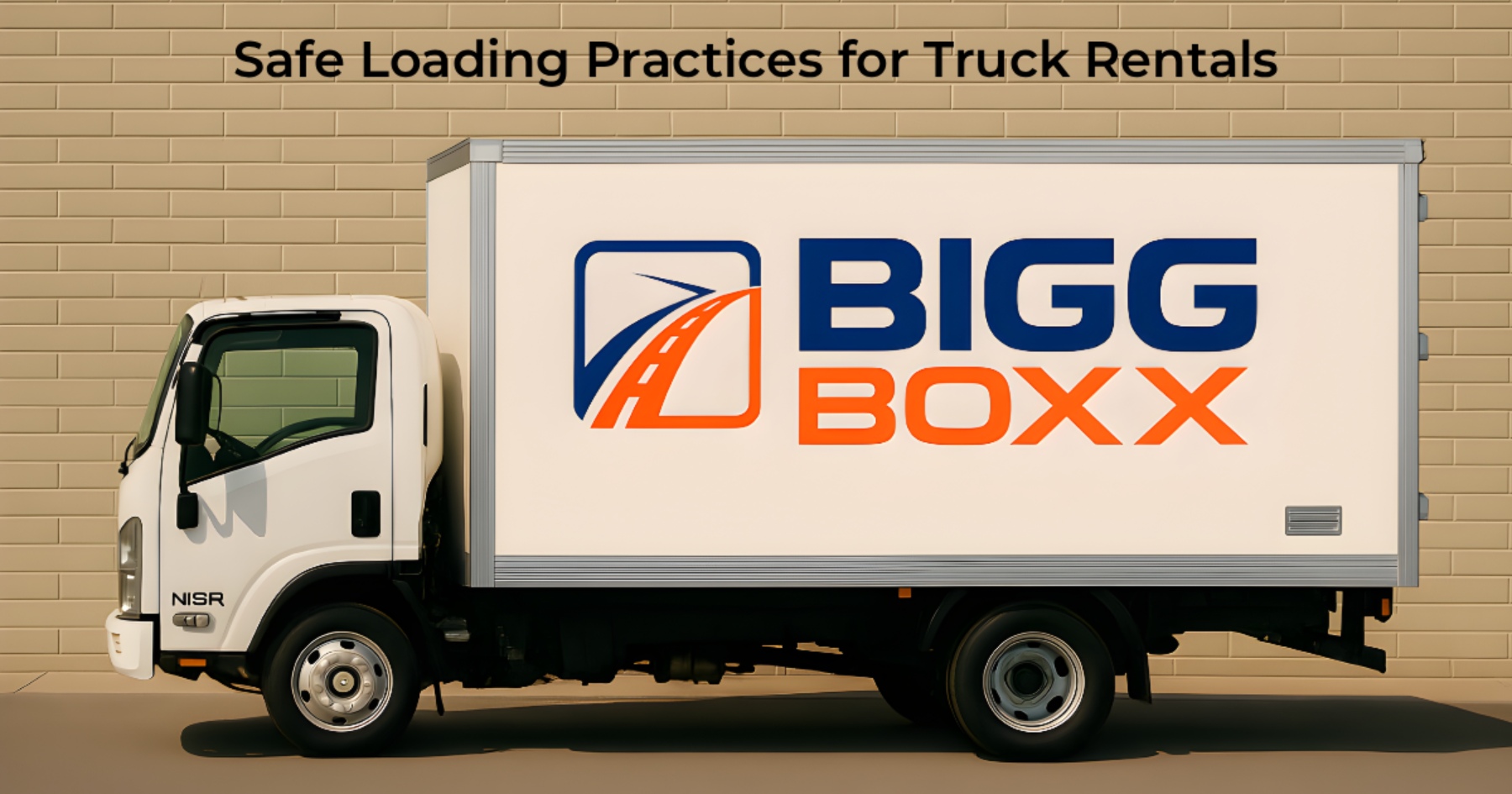Side view of a white Bigg Boxx rental box truck parked in front of a neutral-colored brick wall | Safe Loading Practices for Truck Rentals | Bigg Boxx Rentals