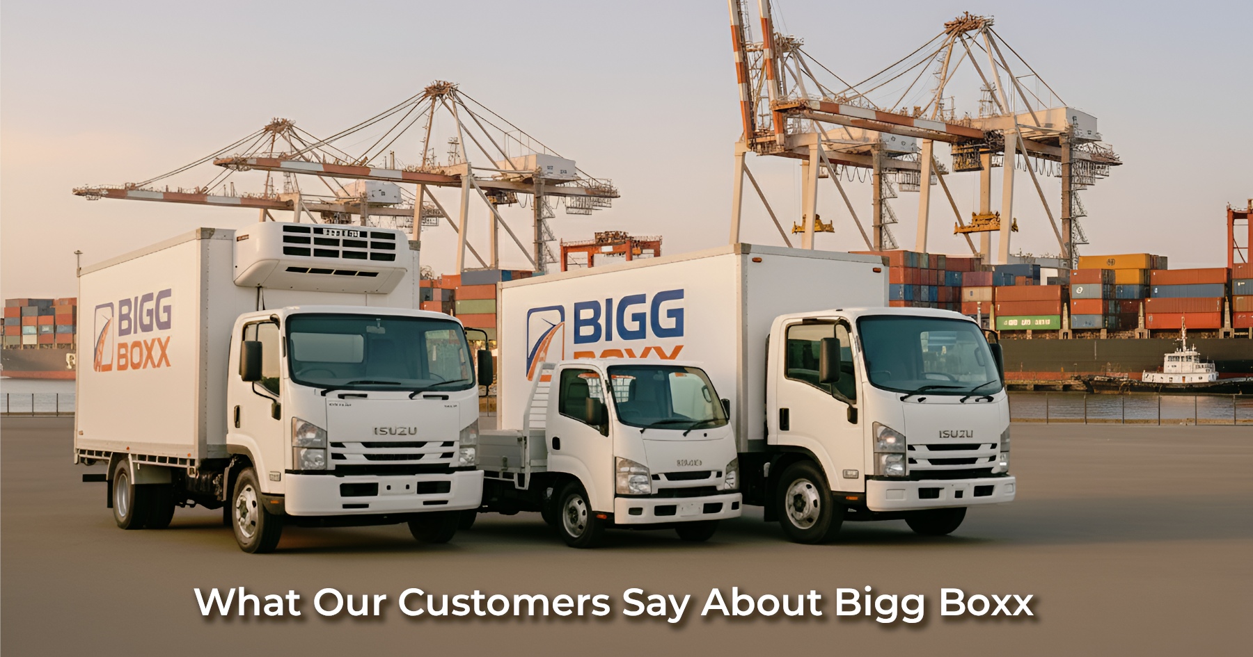Three white Bigg Boxx rental vehicles—a refrigerated truck, a flatbed ute, and a box truck—parked in a row at a busy industrial shipping port with large cranes and cargo ships in the background | What Our Customers Say About Bigg Boxx | Bigg Boxx Rentals