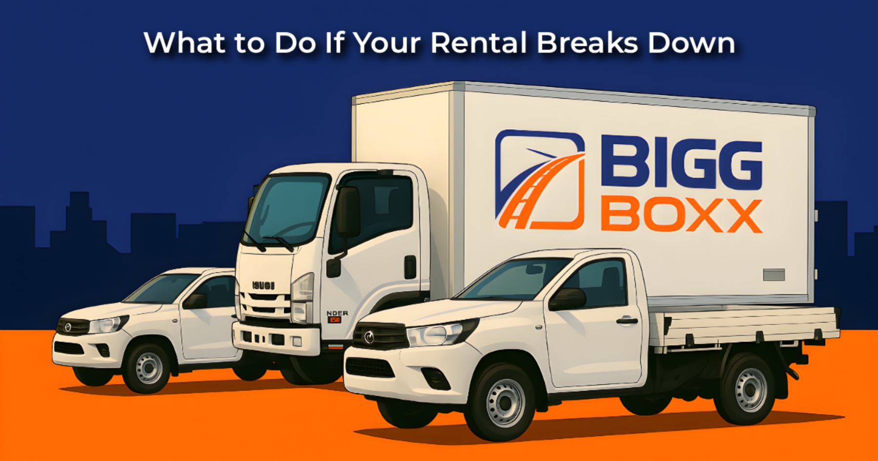 Three white Bigg Boxx rental vehicles—a flatbed ute, a box truck, and a van—parked in a row against a dark blue and orange background with a city silhouette | What to Do If Your Rental Breaks Down | Bigg Boxx Rentals