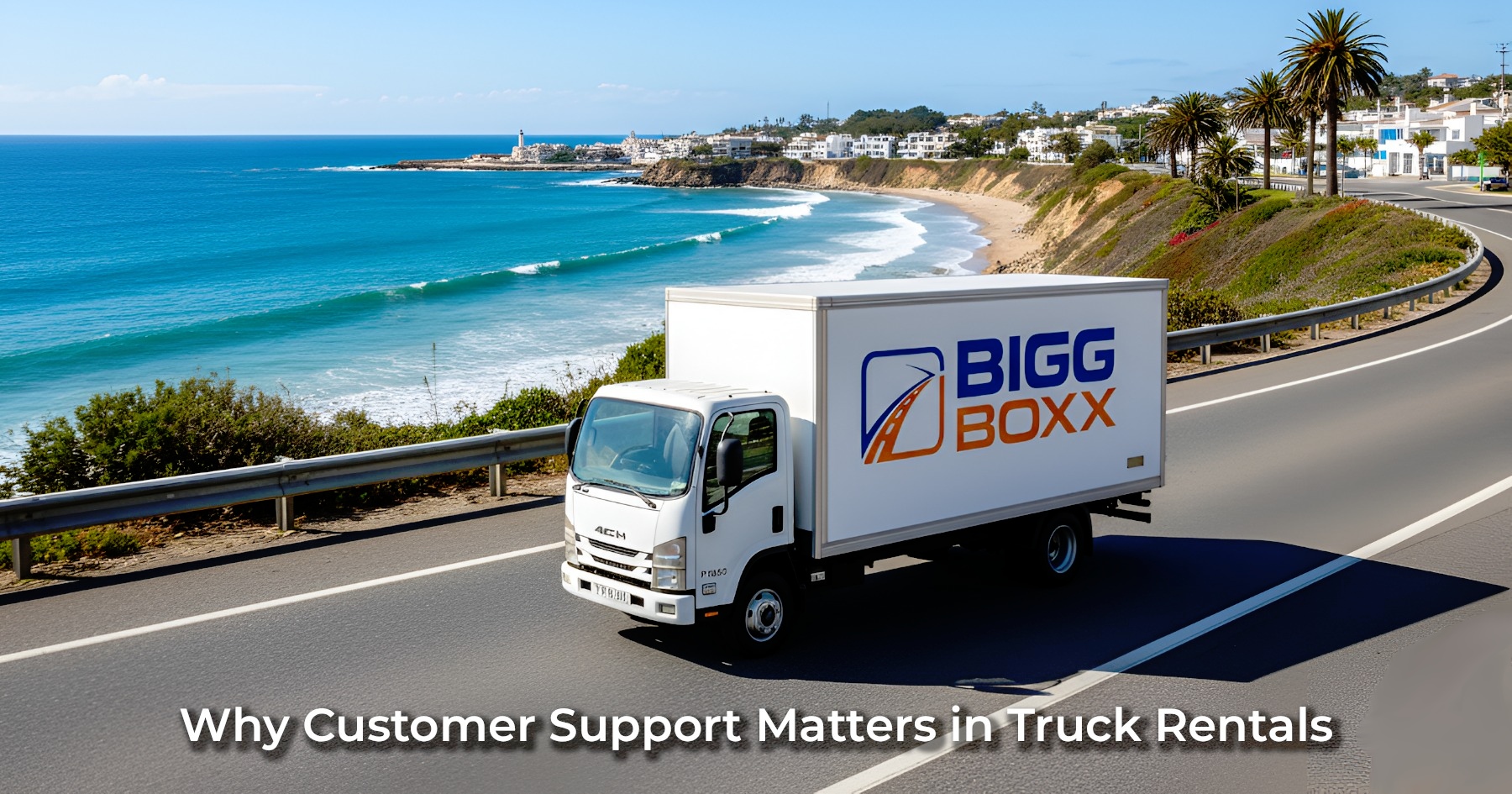 High-angle aerial view of a white Bigg Boxx rental box truck driving along a scenic coastal highway next to a white sand beach and turquoise ocean water | Why Customer Support Matters in Truck Rentals | Bigg Boxx Rentals