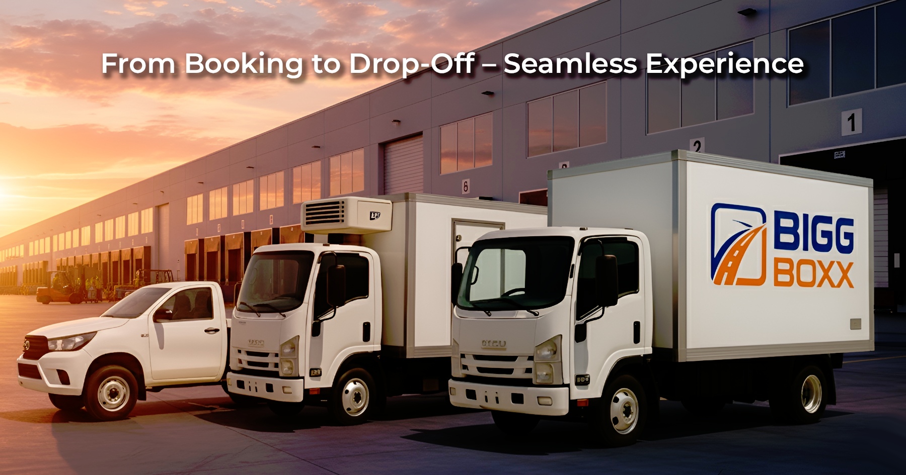 Three white Bigg Boxx rental vehicles—a flatbed ute, a refrigerated truck, and a box truck—parked together at a warehouse loading bay during sunset | From Booking to Drop-Off – Seamless Experience | Bigg Boxx Rentals