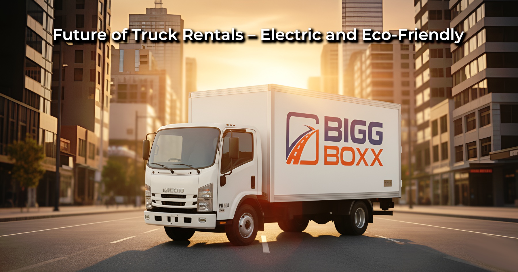 A white Bigg Boxx rental truck parked on a sunlit city street with modern buildings in the background | Future of Truck Rentals – Electric and Eco-Friendly | Bigg Boxx Rentals