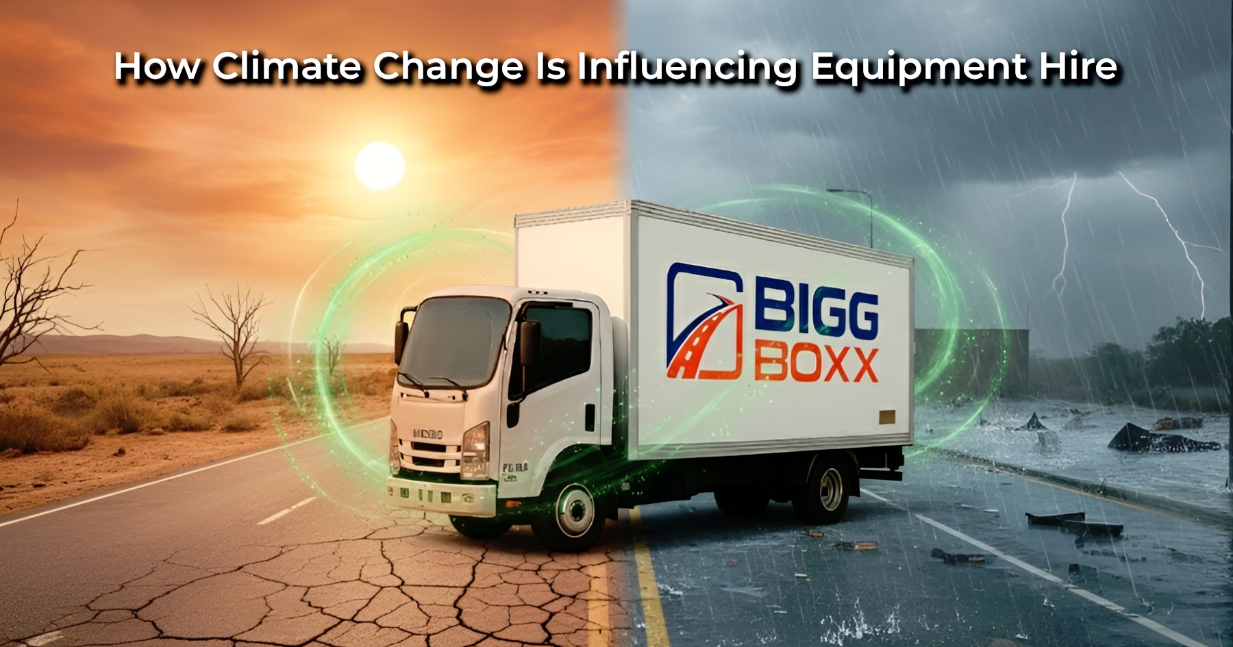 A white Bigg Boxx rental truck driving on a road split between two extreme weather conditions: a cracked, dry desert landscape under a harsh sun on the left, and a dark, stormy road with heavy rain and lightning on the right | How Climate Change Is Influencing Equipment Hire | Bigg Boxx Rentals