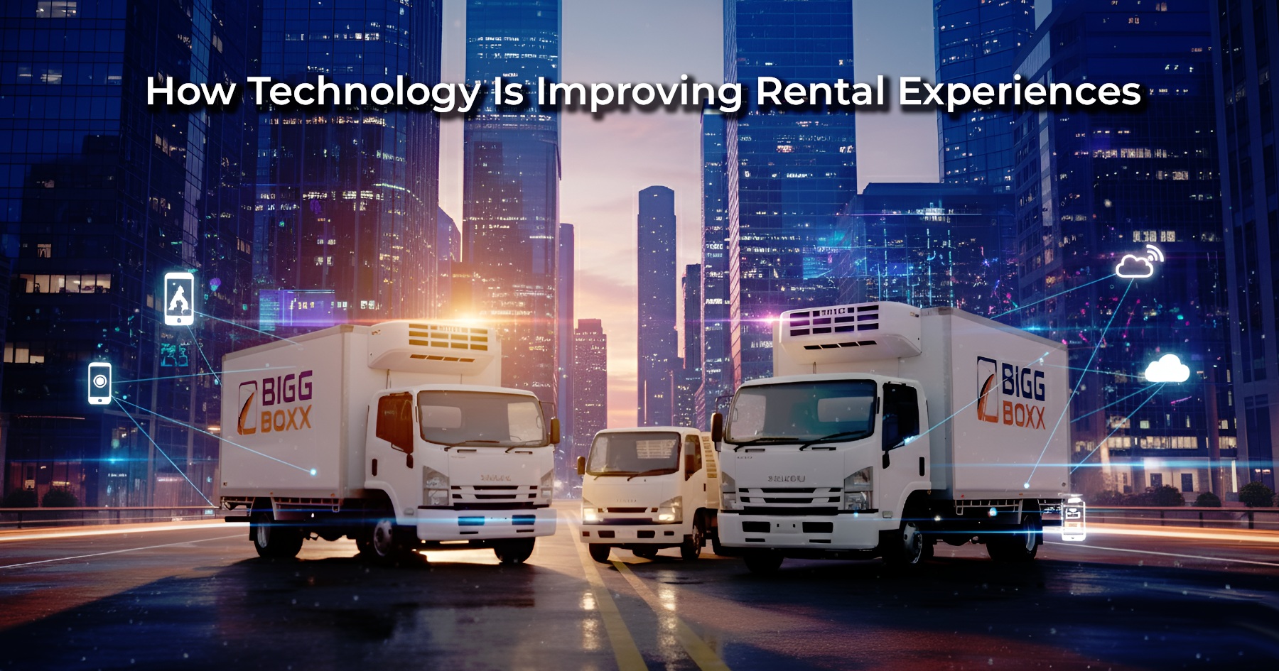 Three white Bigg Boxx rental trucks—two large refrigerated trucks and one small box truck—parked on a wet city street at night with glowing blue digital icons and connection lines overlaid on the cityscape | How Technology Is Improving Rental Experiences | Bigg Boxx Rentals