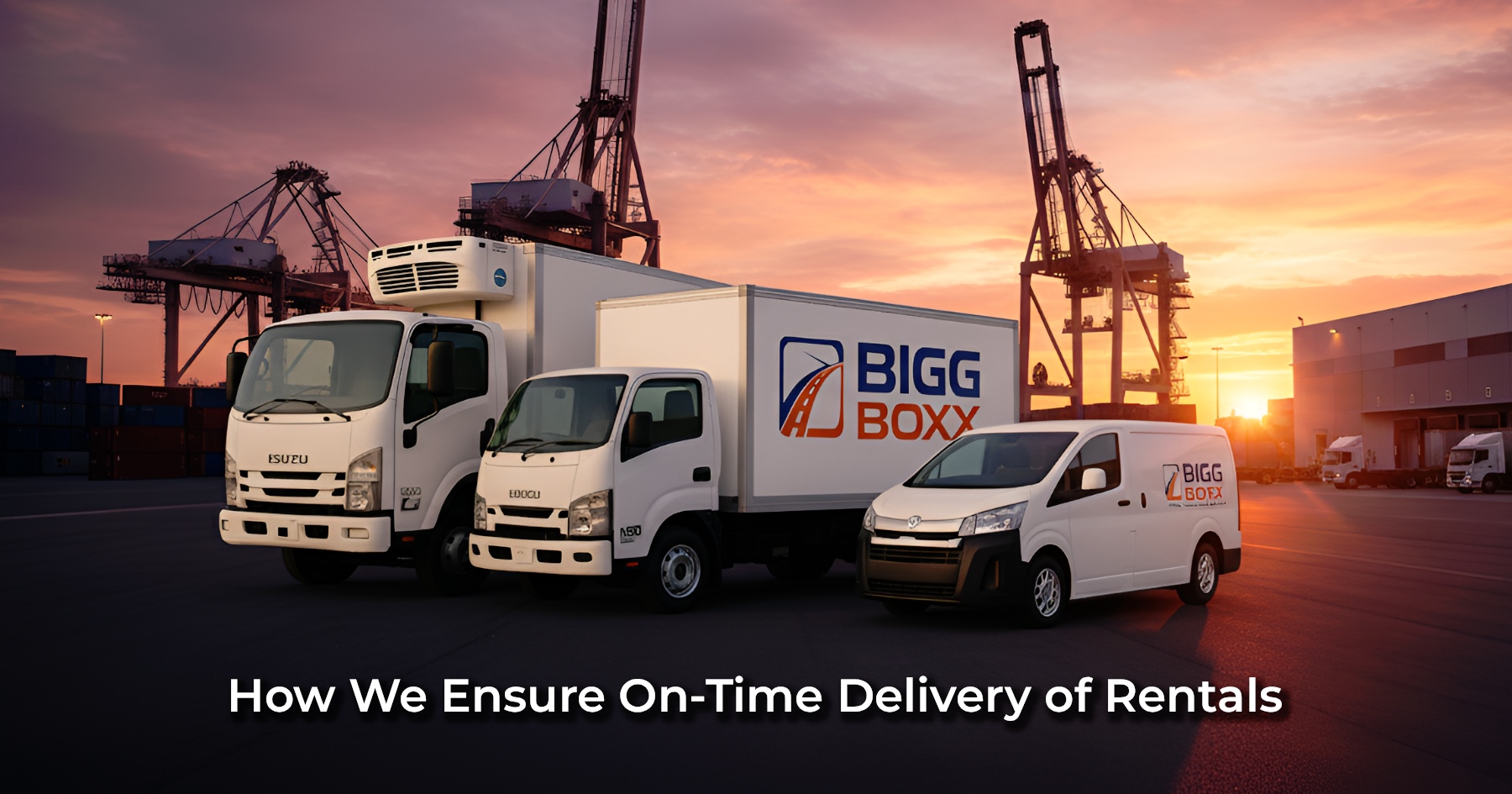 Three white Bigg Boxx rental vehicles—a refrigerated truck, a small box truck, and a van—parked in an industrial shipping port with large cargo cranes and a sunset in the background | How We Ensure On-Time Delivery of Rentals | Bigg Boxx Rentals