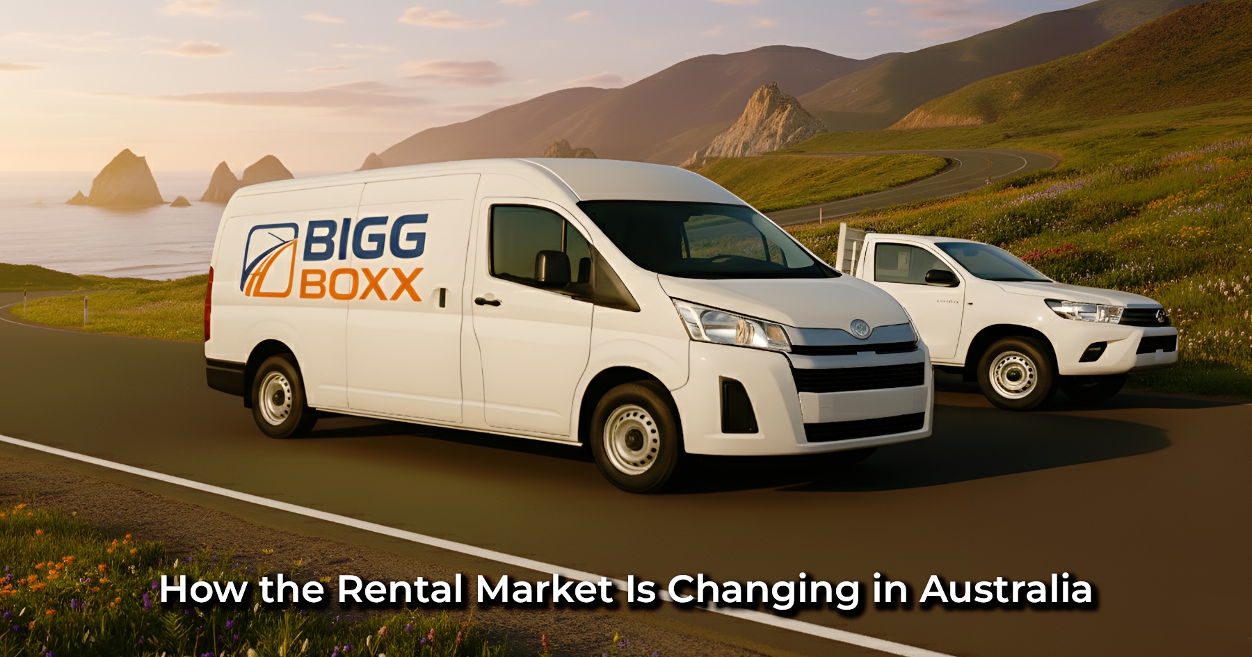 A white Bigg Boxx rental van and a white flatbed ute parked on a winding coastal road in Australia with ocean cliffs and green hills in the background at sunset | How the Rental Market Is Changing in Australia | Bigg Boxx Rentals