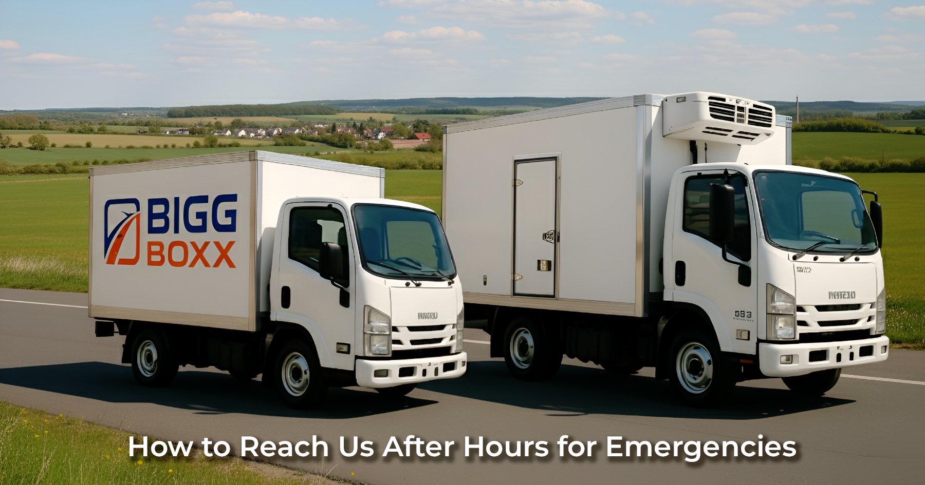 Two white Bigg Boxx rental trucks—a box truck and a refrigerated truck—parked on the shoulder of a quiet rural road with open fields in the background | How to Reach Us After Hours for Emergencies | Bigg Boxx Rentals