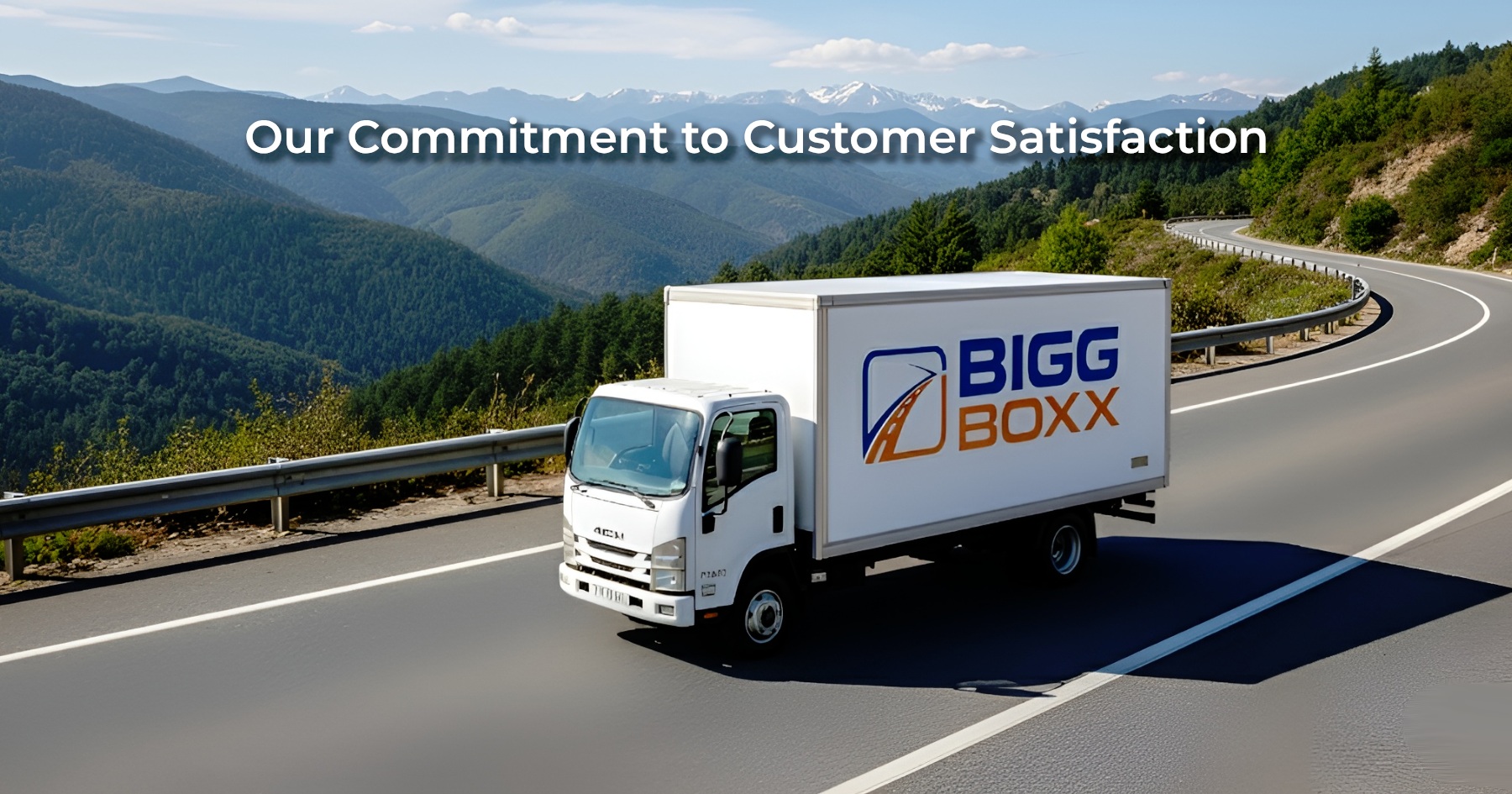 A white Bigg Boxx rental box truck driving on a winding mountain highway surrounded by lush green forests and distant mountain peaks under a clear sky | Our Commitment to Customer Satisfaction | Bigg Boxx Rentals