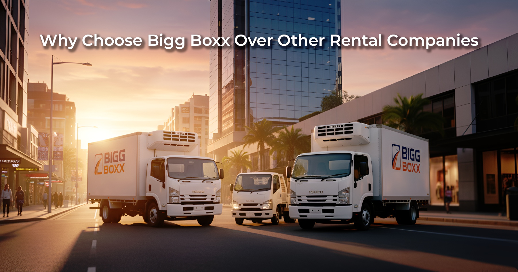 Three white Bigg Boxx rental trucks—two refrigerated trucks and one smaller box truck—parked on a sunlit city street with modern buildings and palm trees in the background | Why Choose Bigg Boxx Over Other Rental Companies | Bigg Boxx Rentals