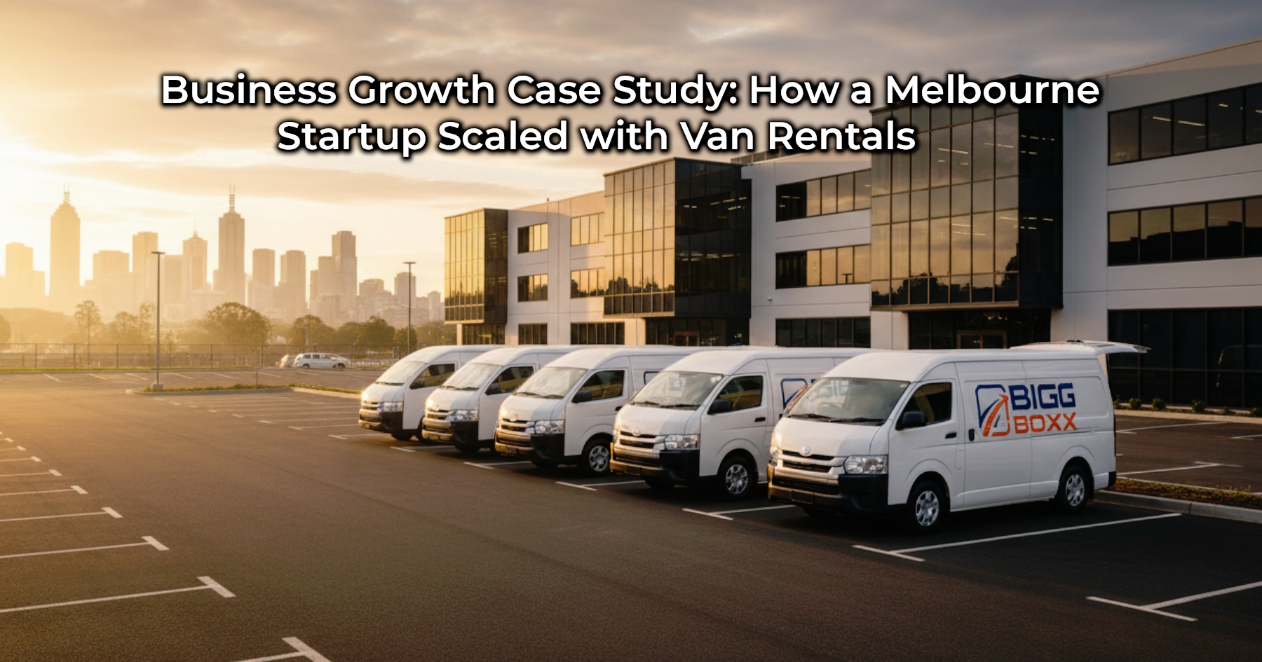 A fleet of five white Bigg Boxx rental vans, each with the company logo on its side, are parked in a row in a large parking lot. Modern office buildings stand behind them, and the distant skyline of Melbourne is visible under a dramatic sunset sky | Business Growth Case Study: How a Melbourne Startup Scaled with Van Rentals | Bigg Boxx Rentals