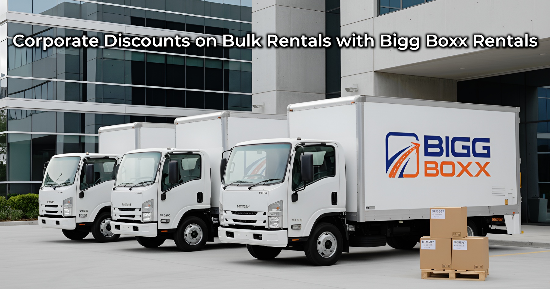 Three white Bigg Boxx rental trucks, featuring the company logo on the side of the lead truck, are parked in a line on a paved lot in front of a modern glass office building. A small stack of moving boxes on a wooden pallet sits beside the front truck | Corporate Discounts on Bulk Rentals with Bigg Boxx Rentals | Bigg Boxx Rentals