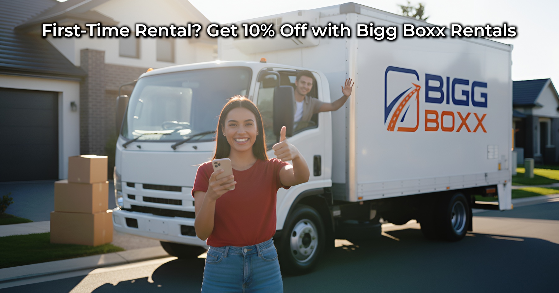 A smiling woman gives a thumbs-up while holding a smartphone, standing in front of a white BIGG BOXX box truck parked on a suburban street. A man waves from the truck's cab, and moving boxes are visible on the side, conveying a positive first-time rental experience | First-Time Rental? Get 10% Off with Bigg Boxx Rentals | Bigg Boxx Rentals