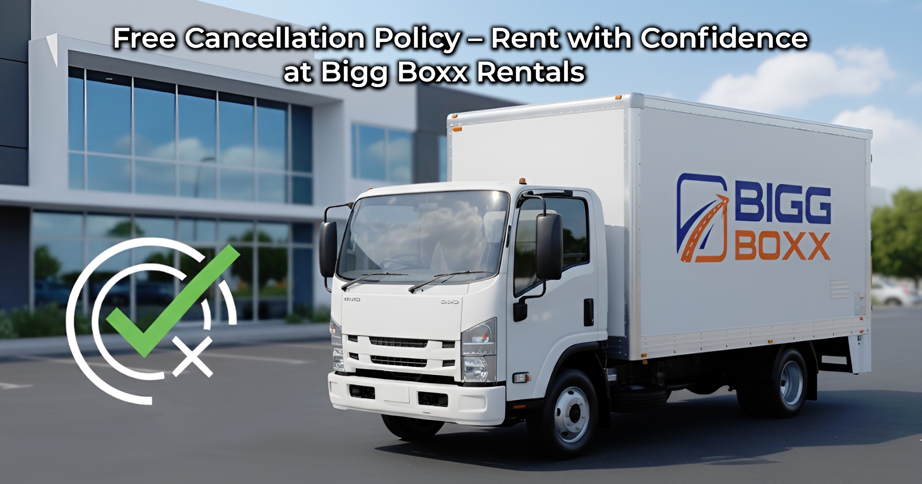 A white Bigg Boxx rental truck with the company logo on its side is parked in a lot in front of a modern commercial building. A green checkmark icon is overlaid in the bottom left, signifying reliability or a positive policy | Free Cancellation Policy – Rent with Confidence at Bigg Boxx Rentals | Bigg Boxx Rentals