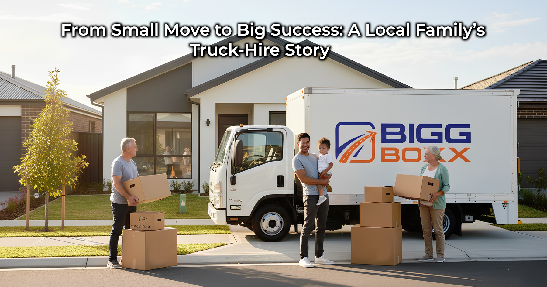 A family, including a young couple, a baby, and an older couple, is moving items with a white Bigg Boxx rental truck featuring the company logo. They are outside a modern suburban house, handling moving boxes labeled 'HOME' and 'DREAM', conveying a successful family relocation.| From Small Move to Big Success: A Local Family’s Truck-Hire Story | Bigg Boxx Rentals