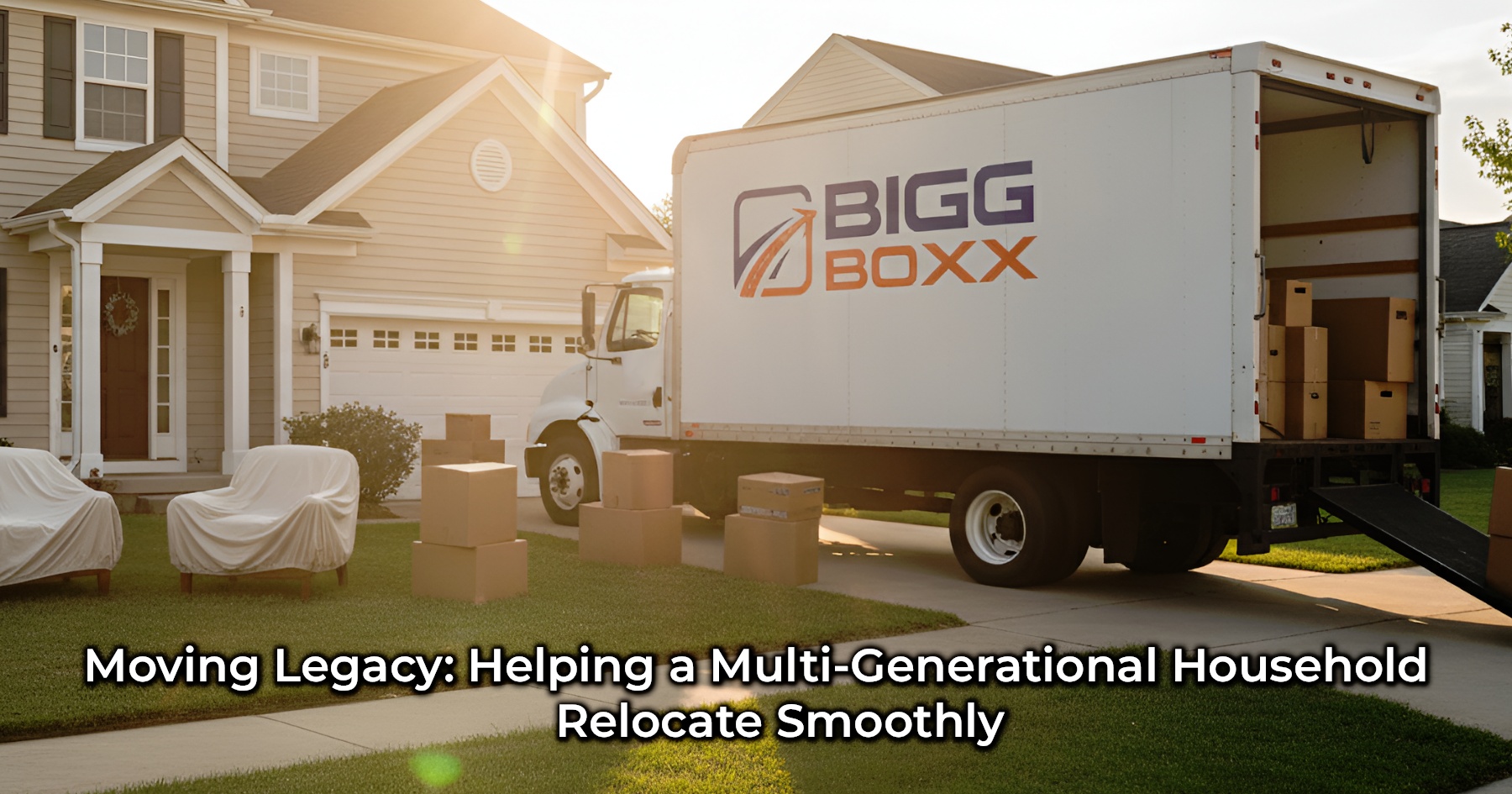 A white Bigg Boxx moving truck, featuring the company logo on its side, is parked in the driveway of a suburban house during a golden hour sunset. The truck's back ramp is down, with moving boxes visible inside and stacked on the lawn beside two covered armchairs, indicating a household relocation | Moving Legacy: Helping a Multi-Generational Household Relocate Smoothly | Bigg Boxx Rentals