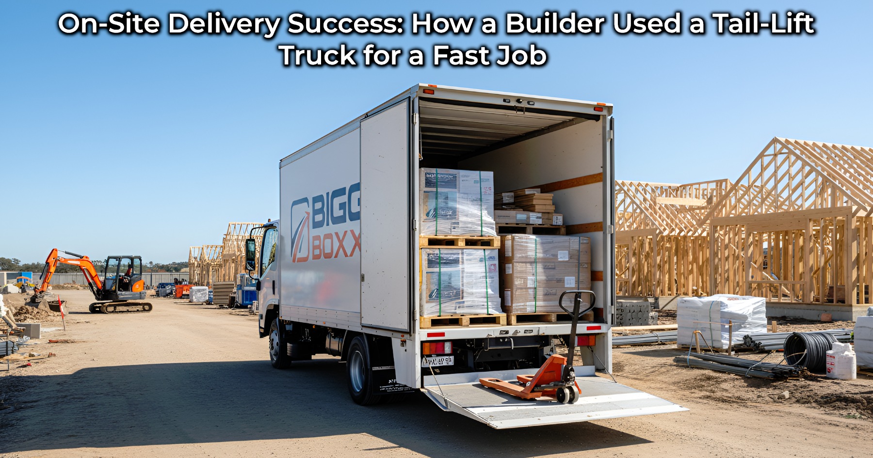 A white Bigg Boxx rental truck with its company logo is parked at a sunny construction site, its tail-lift lowered and back doors open, revealing pallets of construction materials inside. A hand truck rests on the lift, and in the background, new home frames are being built with an excavator operating nearby | On-Site Delivery Success: How a Builder Used a Tail-Lift Truck for a Fast Job | Bigg Boxx Rentals