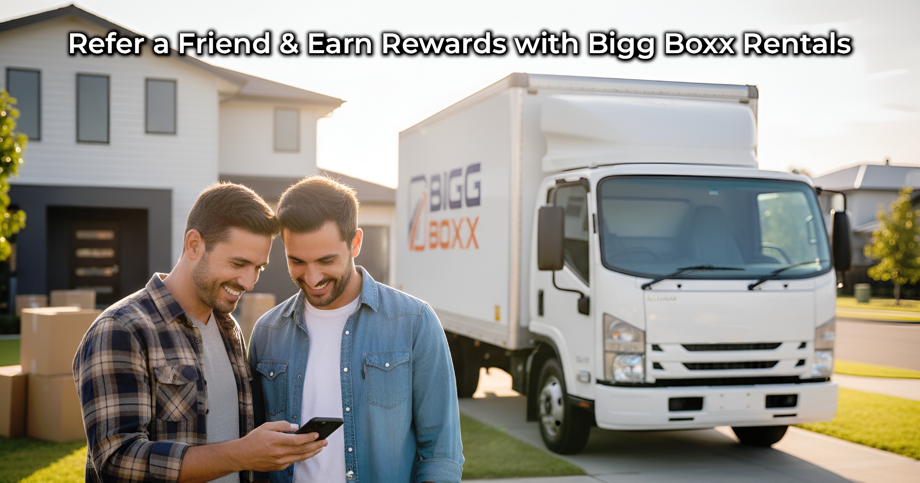 Two smiling men are looking at a smartphone on a sunny suburban street, with a white BIGG BOXX box truck parked in the background in front of a modern house, suggesting a referral or shared experience | Refer a Friend & Earn Rewards with Bigg Boxx Rentals | Bigg Boxx Rentals