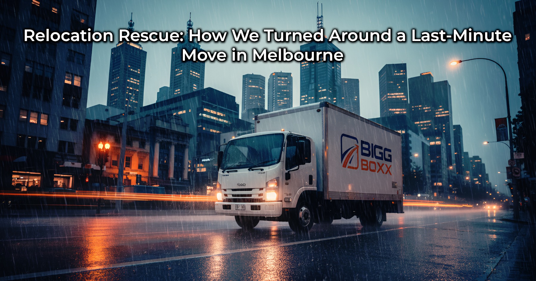 A Bigg Boxx truck drives through a rainy city street at dusk, with bright streetlights, light trails from traffic, and tall buildings in the background | Relocation Rescue: How We Turned Around a Last-Minute Move in Melbourne | Bigg Boxx Rentals