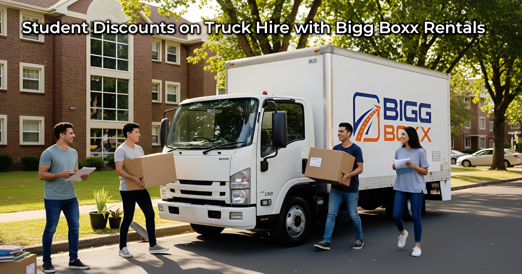 A white Bigg Boxx rental truck, featuring the company logo on its side, is parked on a tree-lined street in front of a university dormitory. Four young adults, appearing to be students, are moving boxes and carrying papers, suggesting a move-in or move-out day | Student Discounts on Truck Hire with Bigg Boxx Rentals | Bigg Boxx Rentals