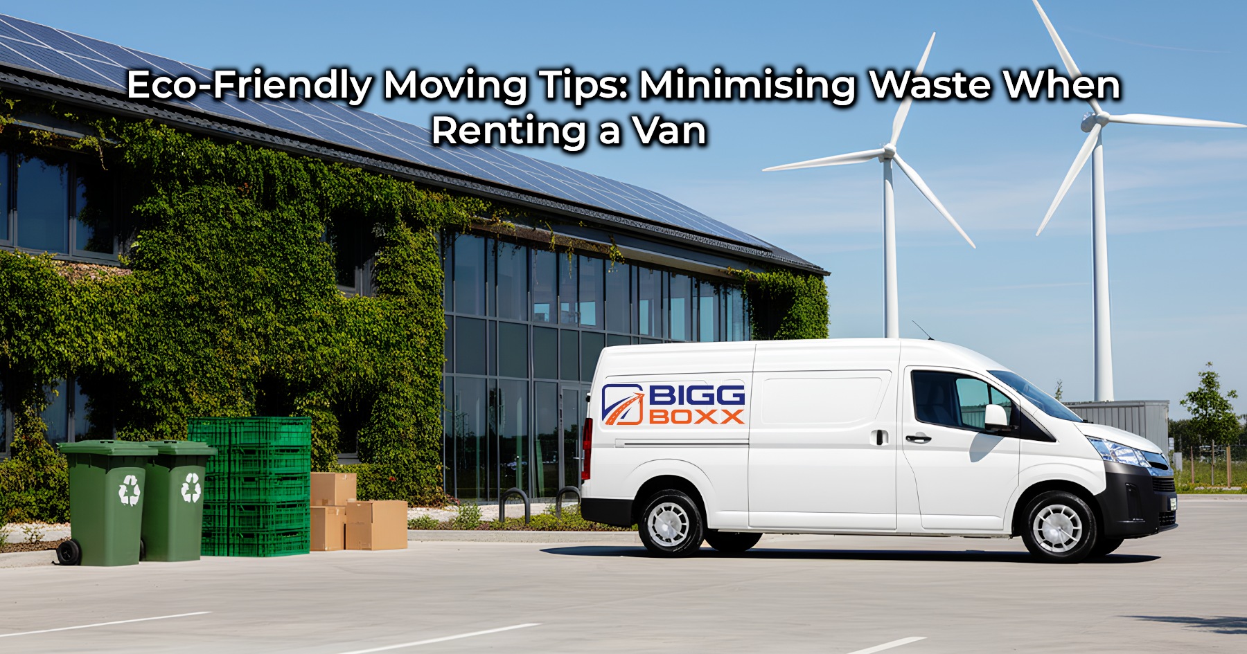A white Bigg Boxx rental van with the company logo on its side is parked in front of a modern green building covered in ivy and topped with solar panels. Two large wind turbines are visible in the background against a clear blue sky, emphasizing an eco-friendly setting with green recycling bins and stacked crates nearby | Eco-Friendly Moving Tips: Minimising Waste When Renting a Van | Bigg Boxx Rentals