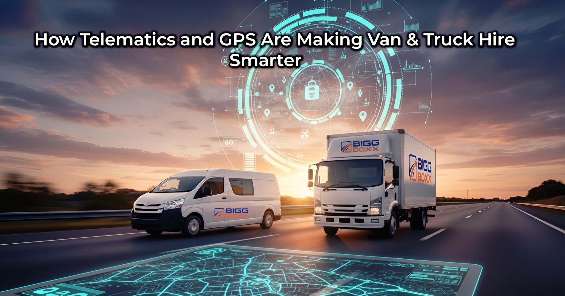 Van and truck driving on a highway at sunset with a circular overlay showing GPS tracking, telematics data, and a digital map interface | How Telematics and GPS Are Making Van & Truck Hire Smarter | Bigg Boxx Rentals