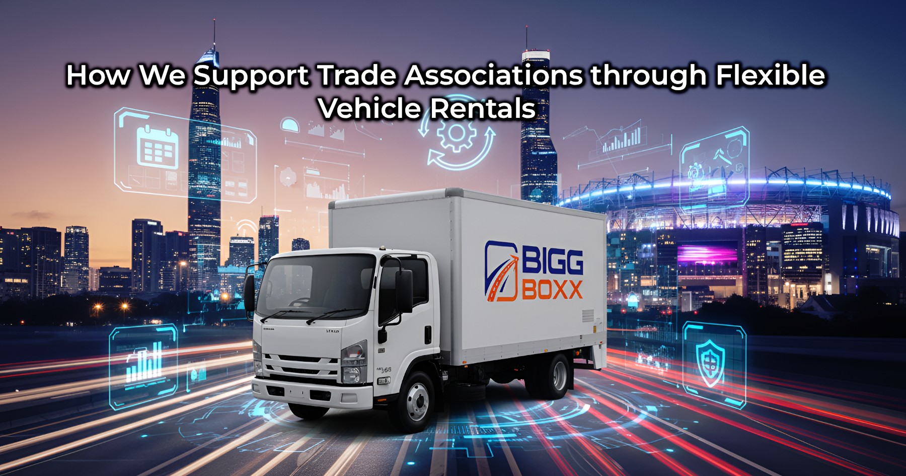 White box truck with the BIGG BOXX logo on a road at dusk, with digital icons of a handshake and partnership graphs floating above, symbolizing support for trade associations and flexible rentals| How We Support Trade Associations through Flexible Vehicle Rentals | Bigg Boxx Rentals