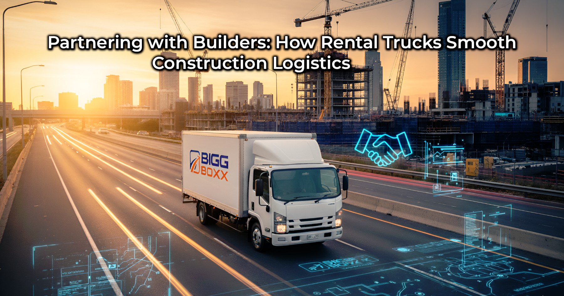 White box truck on a highway at sunset with construction cranes and cityscape in the background, symbolizing construction logistics and partnership | Partnering with Builders: How Rental Trucks Smooth Construction Logistics | Bigg Boxx Rentals