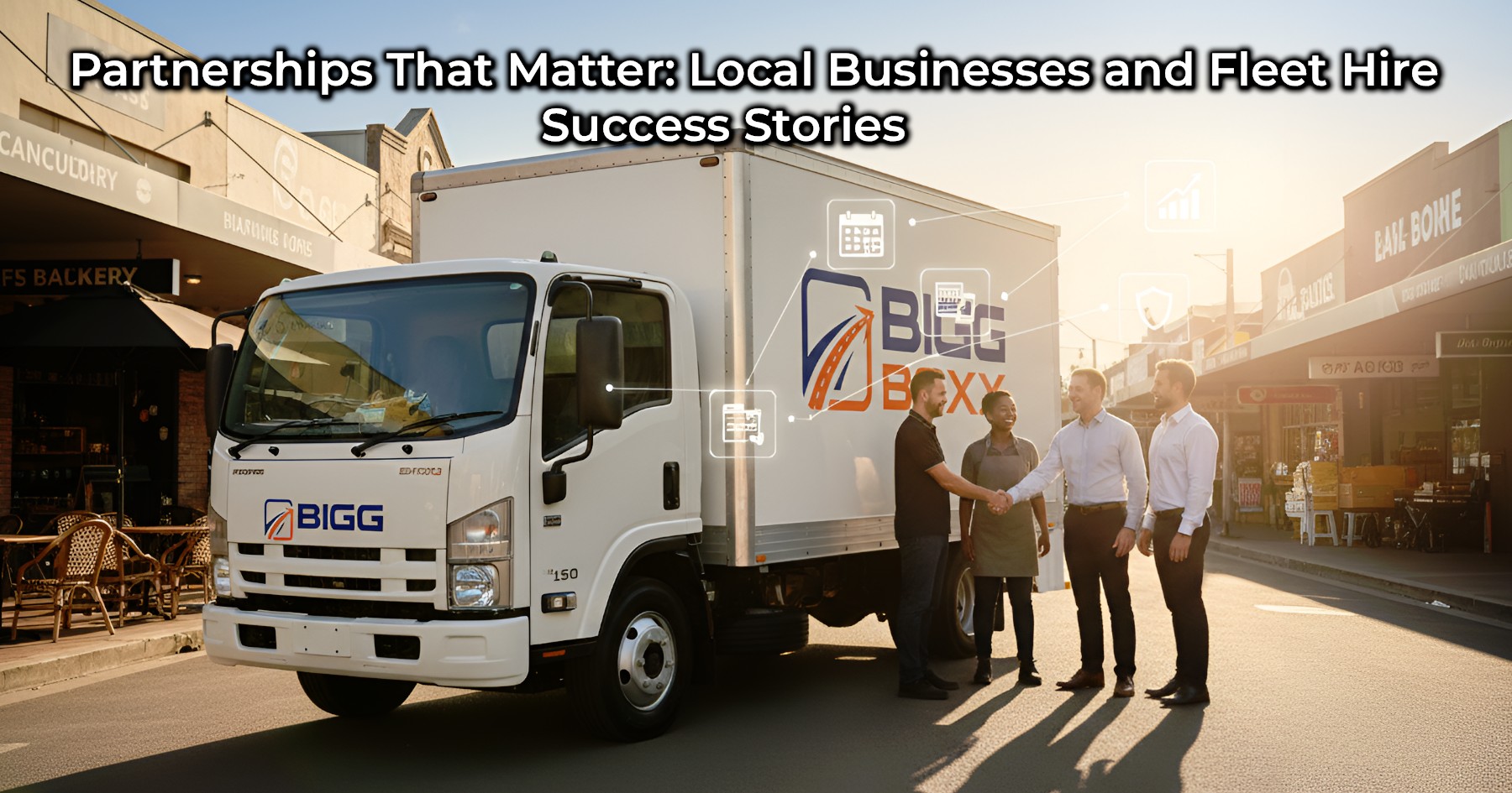 White box truck with the BIGG BOXX logo on a road at night, surrounded by glowing data displays and an upward-trending chart, symbolizing business partnership and fleet success | Partnerships That Matter: Local Businesses and Fleet Hire Success Stories | Bigg Boxx Rentals