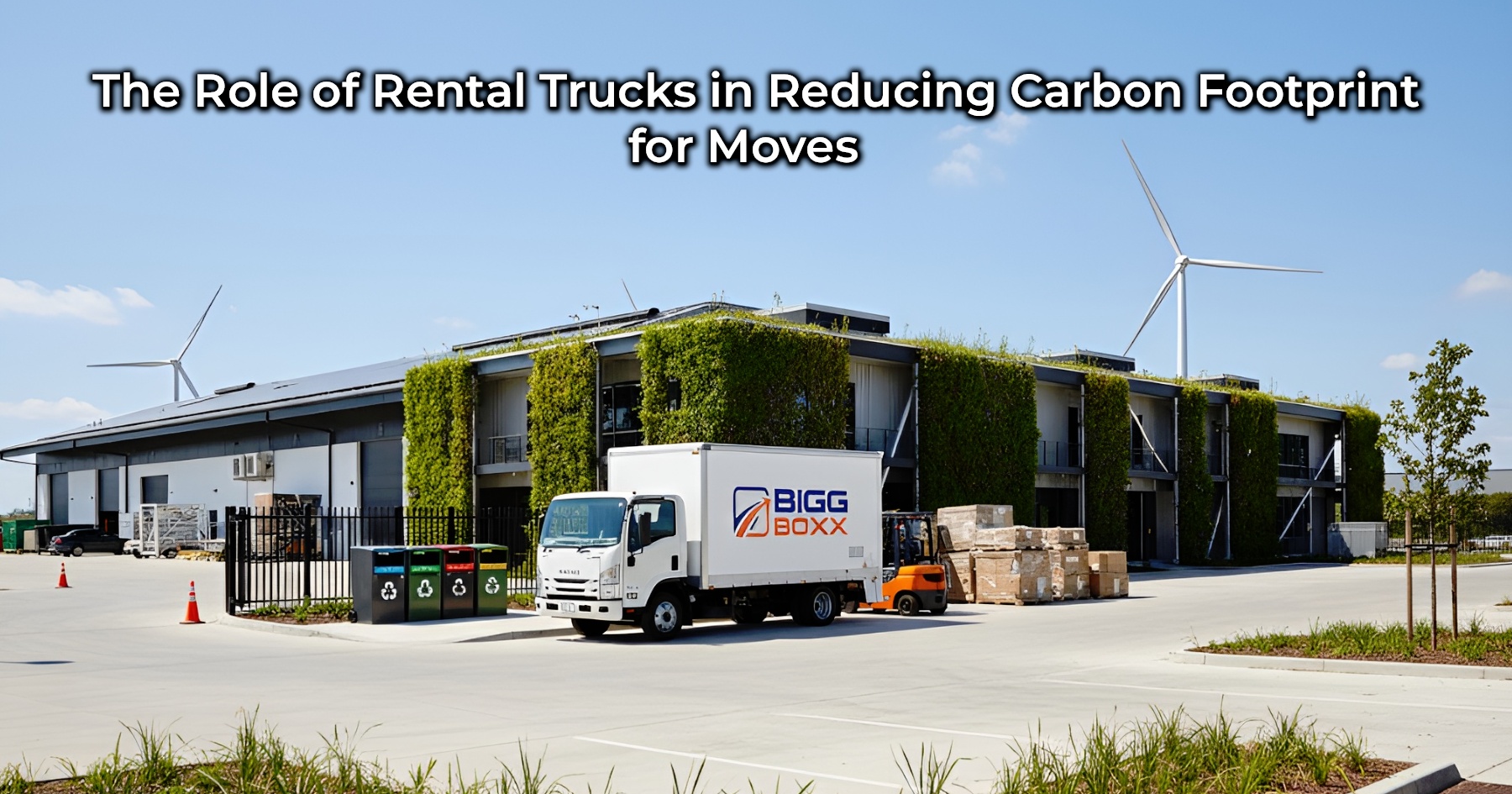 A white Bigg Boxx rental truck with the company logo is parked in front of a modern, green building with living walls and solar panels, and wind turbines in the background. Recycling bins and a forklift with stacked boxes are also visible, emphasizing sustainability and logistics | The Role of Rental Trucks in Reducing Carbon Footprint for Moves | Bigg Boxx Rentals