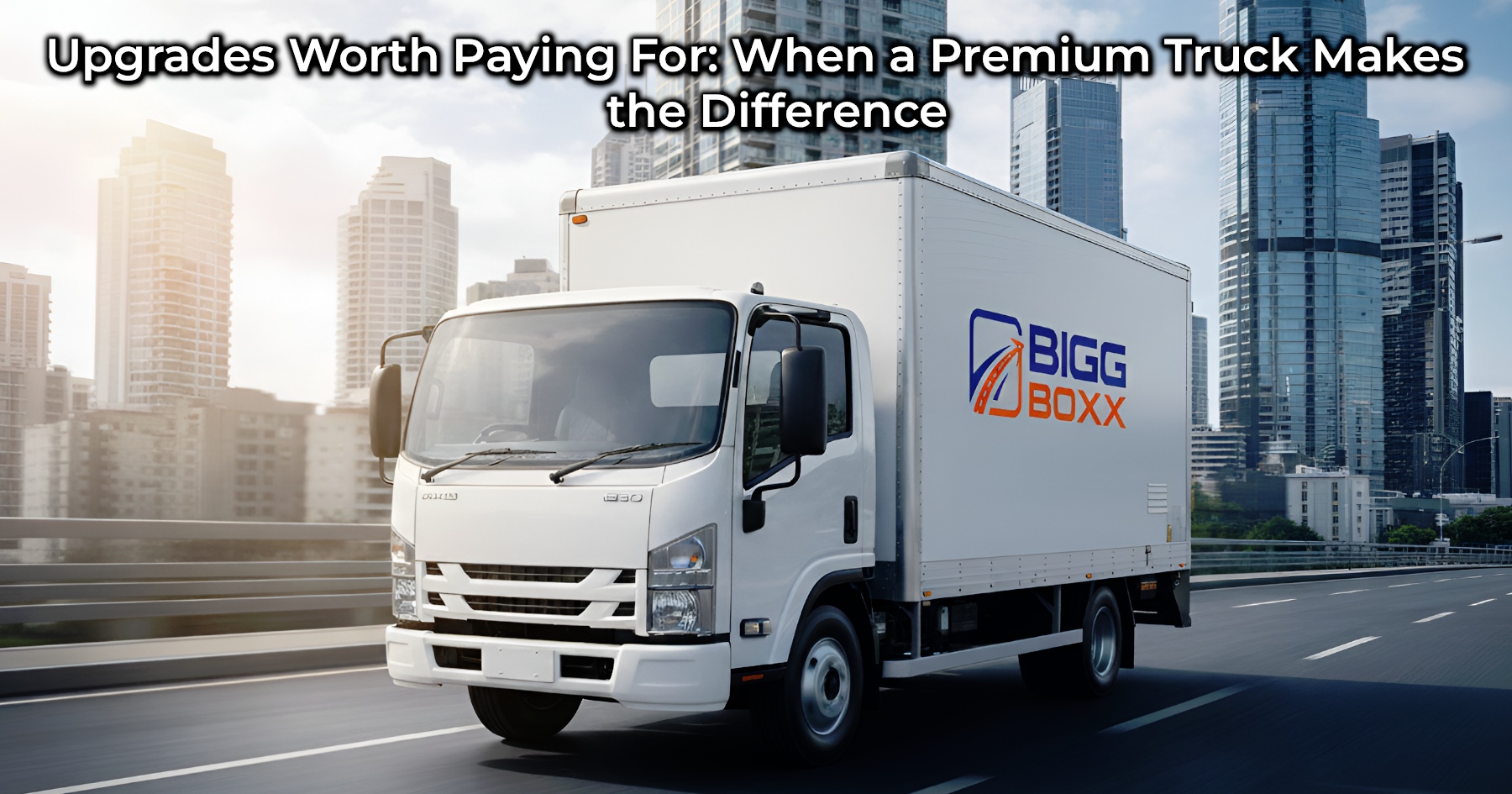 White box truck with the "BIGG BOXX" logo driving on a city highway with tall buildings in the background | Upgrades Worth Paying For: When a Premium Truck Makes the Difference | Bigg Boxx Rentals