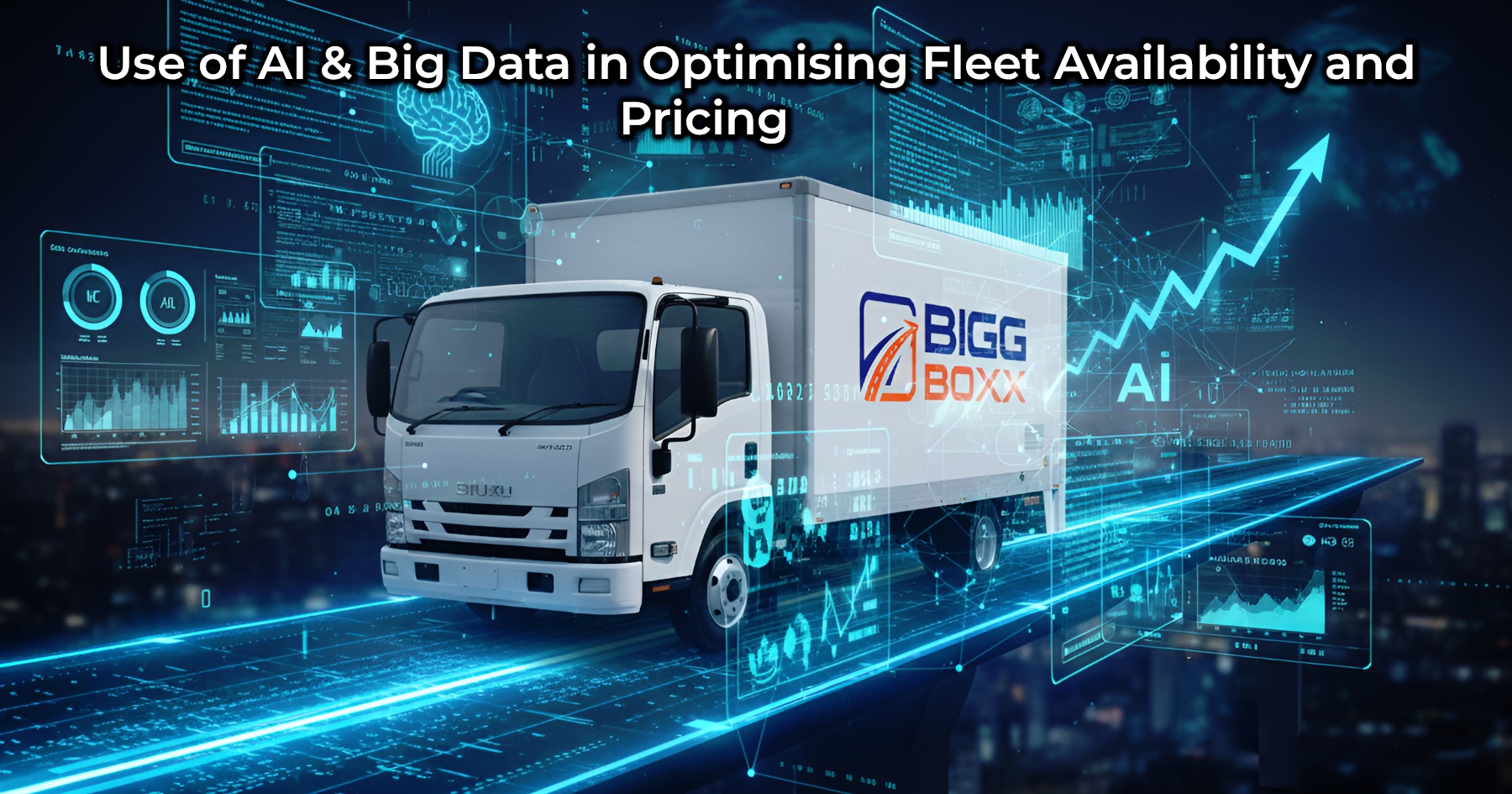 White box truck on a highway at dusk with glowing blue AI and big data analytics overlays, showing a brain icon and an upward trending graph for fleet optimization | Use of AI & Big Data in Optimising Fleet Availability and Pricing | Bigg Boxx Rentals
