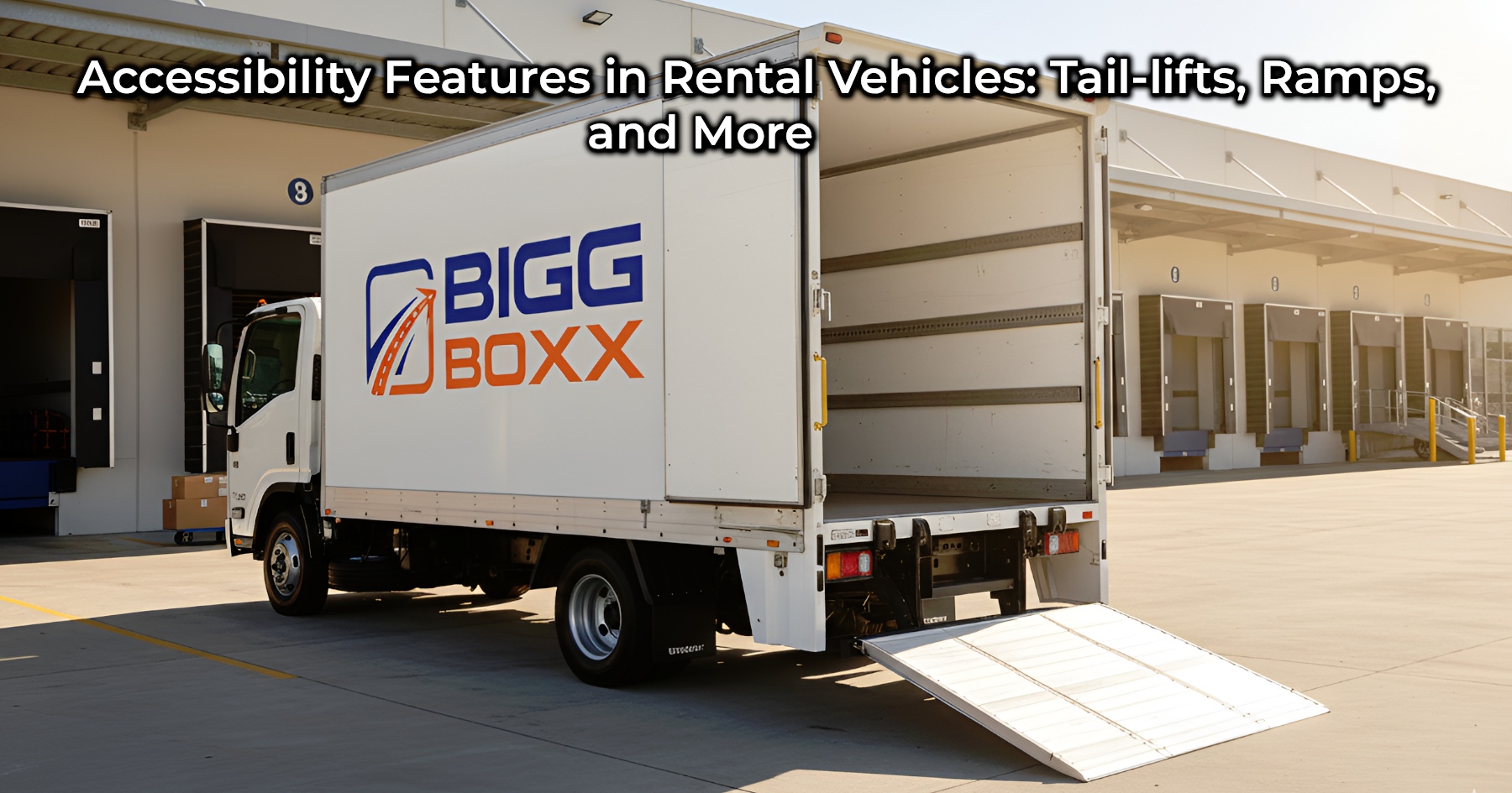 White box truck with an open rear door and ramp extended, parked at a loading dock with the BIGG BOXX logo visible | Accessibility Features in Rental Vehicles: Tail-lifts, Ramps, and More | Bigg Boxx Rentals