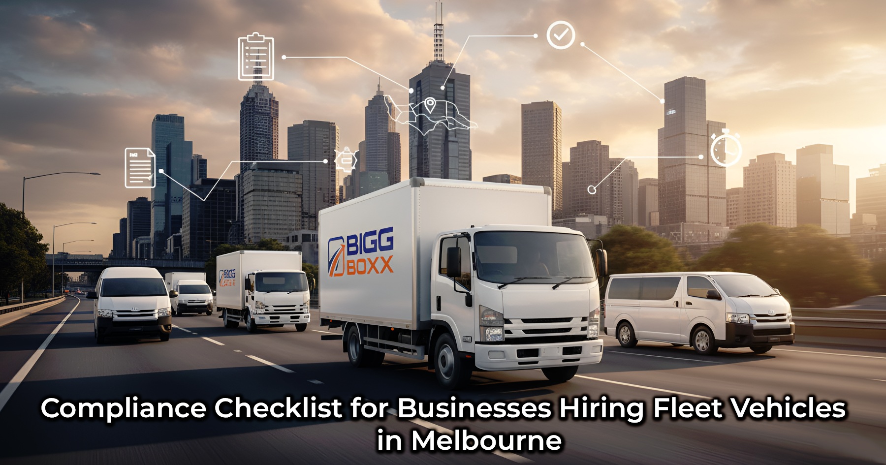 White delivery trucks and vans, labeled "BIGG BOXX," driving on a multi-lane highway toward a cityscape at sunset, with digital overlay icons representing logistics and tracking | Compliance Checklist for Businesses Hiring Fleet Vehicles in Melbourne | Bigg Boxx Rentals