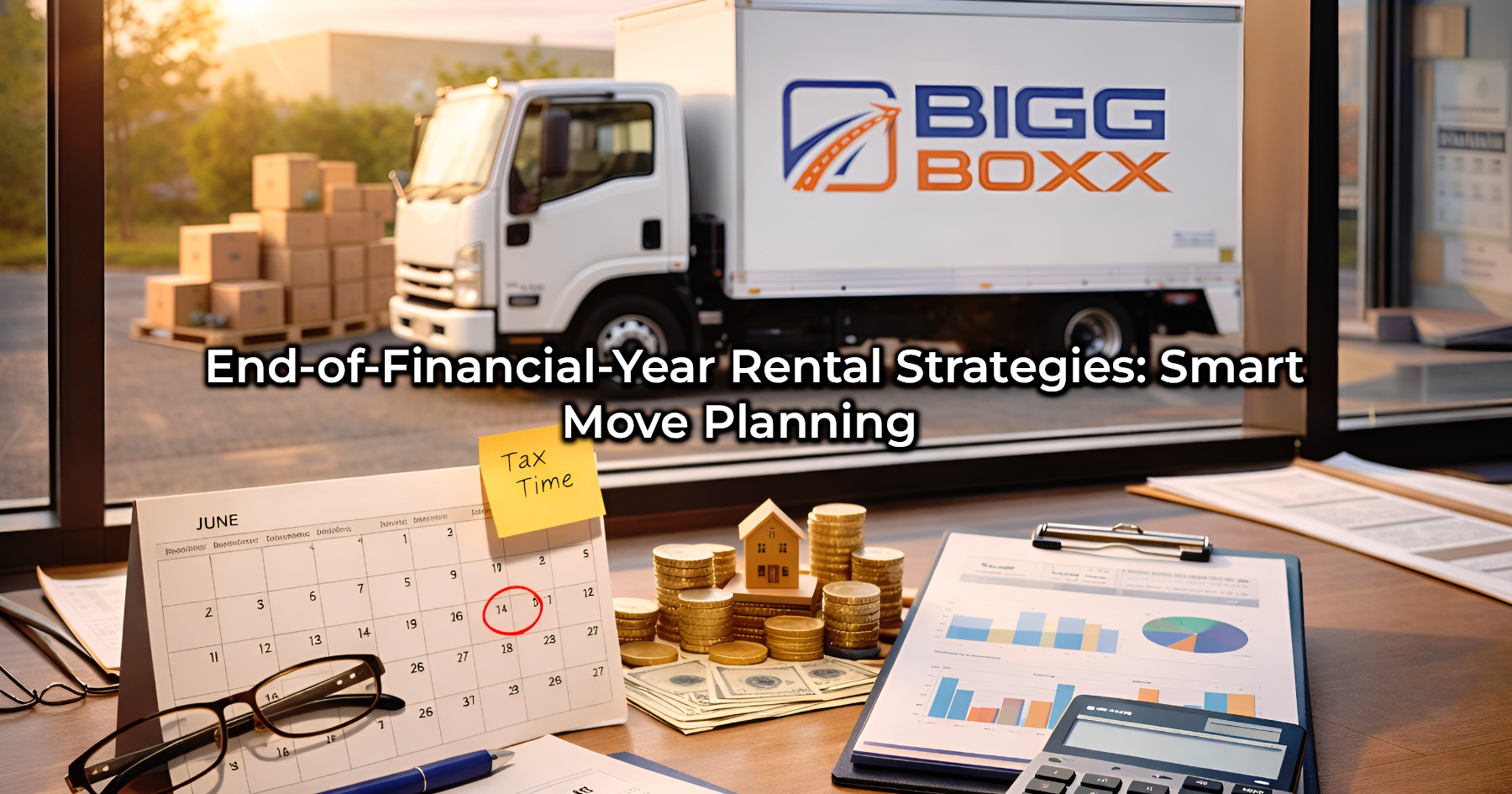 An office desk with a "June" calendar, financial charts, and a "Tax Time" sticky note in the foreground, with a white BIGG BOXX delivery truck parked outside the window | End-of-Financial-Year Rental Strategies: Smart Move Planning | Bigg Boxx Rentals
