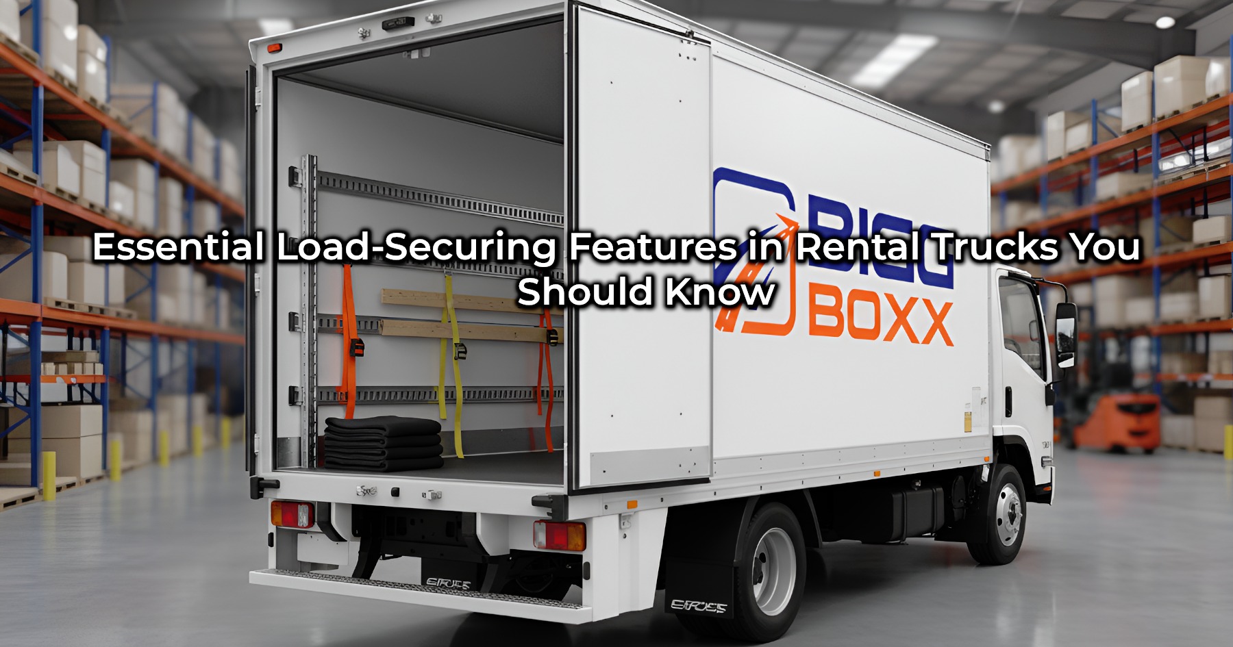 White box truck with the "BIGG BOXX" logo parked in a warehouse, showing the open back with internal shelving, straps, and moving blankets | Essential Load-Securing Features in Rental Trucks You Should Know | Bigg Boxx Rentals