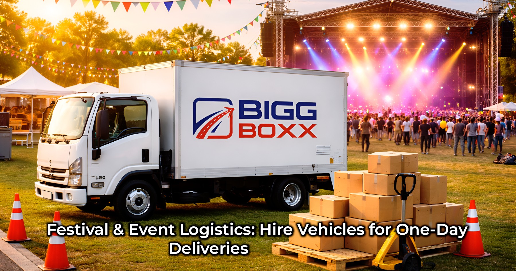 A white delivery truck featuring a prominent "BIGG BOXX" logo parked at an outdoor music festival at sunset, with a stage, crowd, and stacked delivery boxes in the foreground | Festival & Event Logistics: Hire Vehicles for One-Day Deliveries | Bigg Boxx Rentals